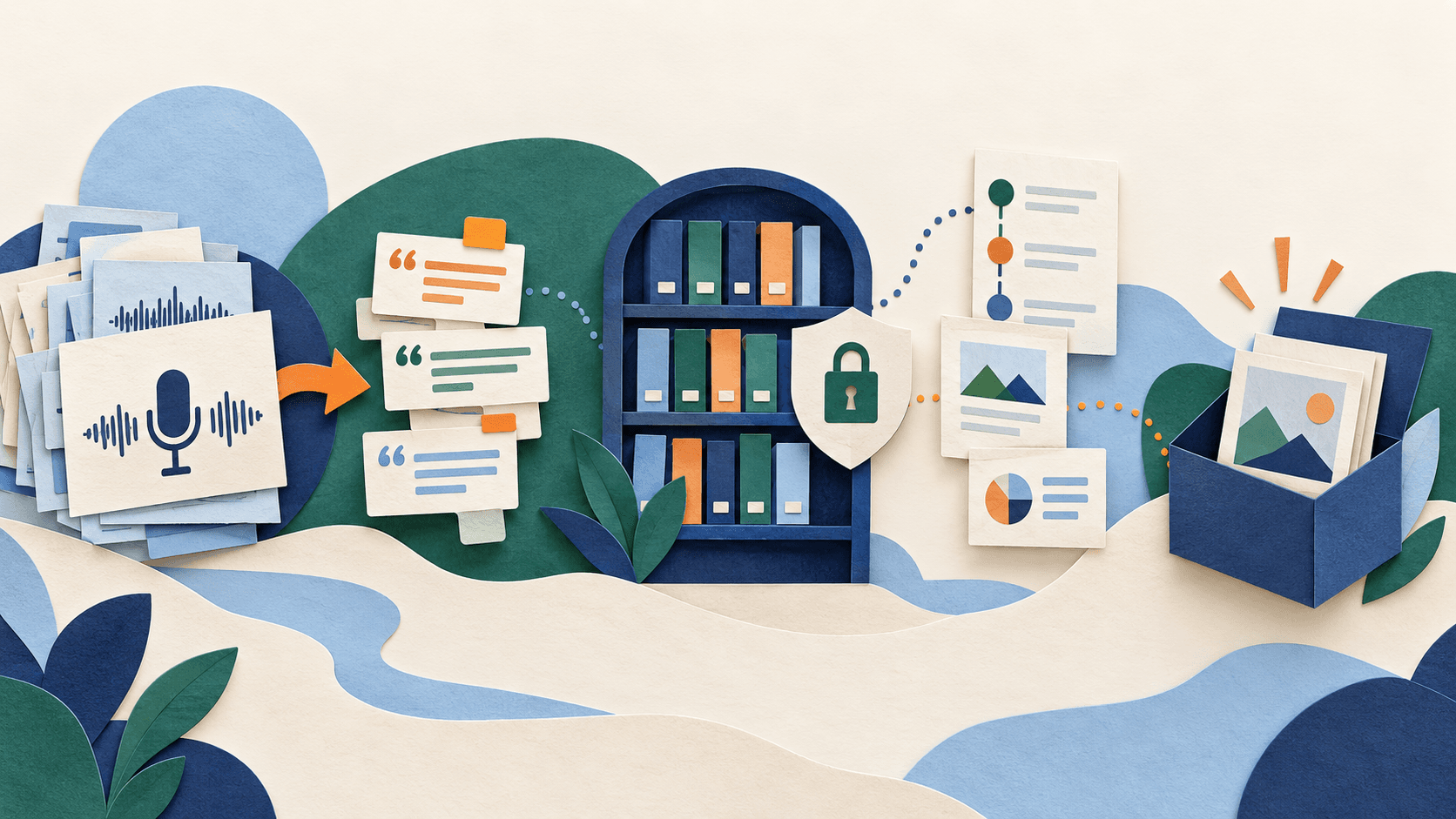 qualitative evidence becoming governed, traceable repository findings Paper-cut editorial illustration of qualitative evidence becoming governed, traceable repository findings