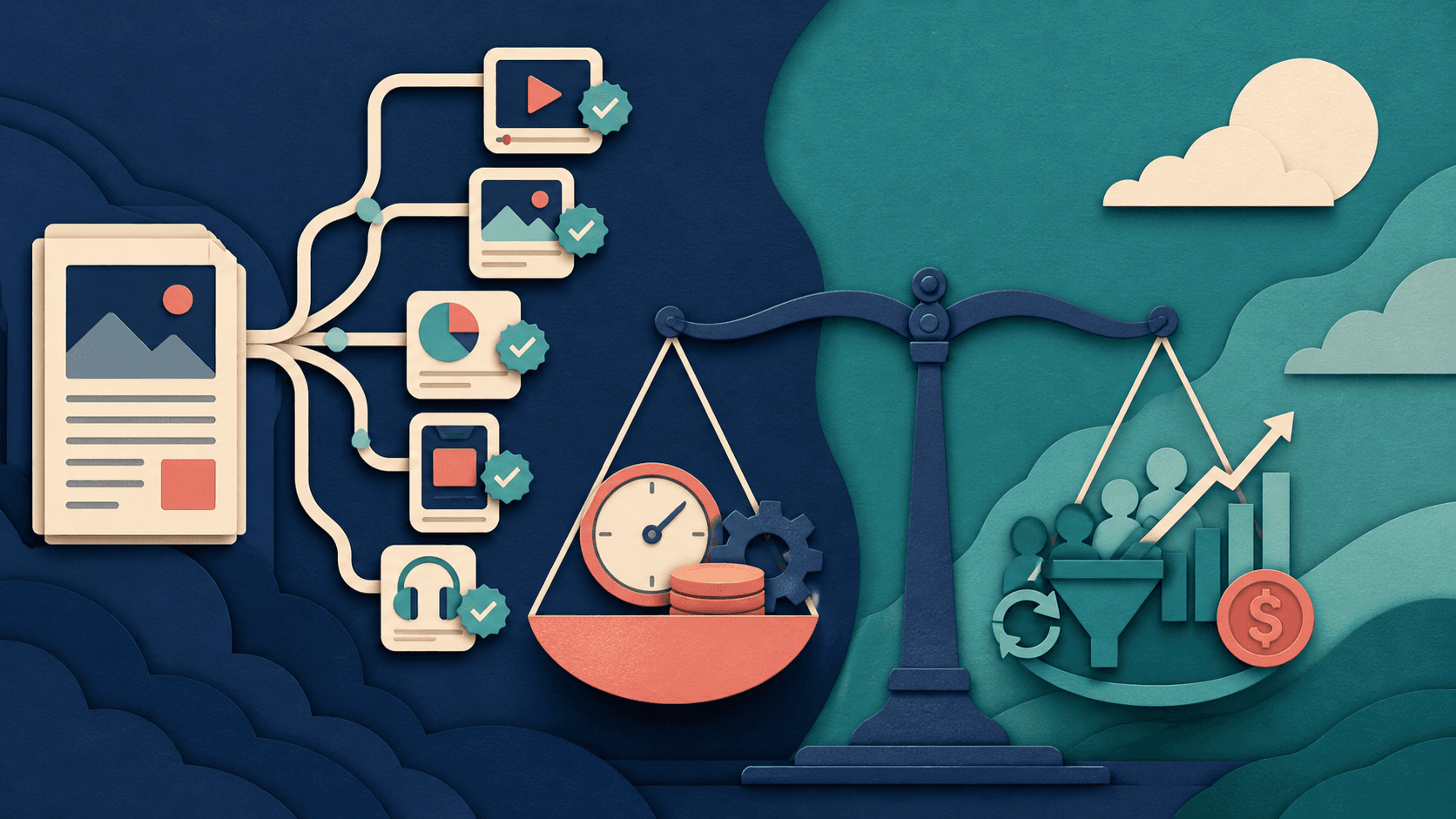 Content repurposing ROI measurement framework Editorial illustration of one source asset branching into approved derivatives beside a scale comparing production cost with reach, leads, reuse, and revenue contribution