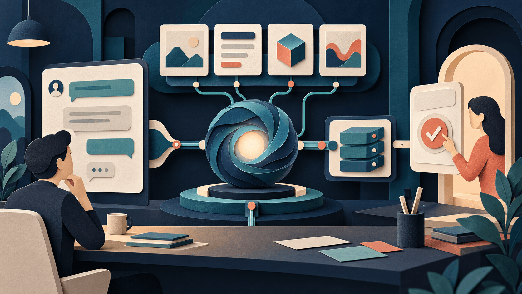 CopilotKit Review 2026: Agentic UI, Generative UI, and Pricing Paper-cut interface workshop connecting an AI agent to chat, generative panels, shared state, and a human approval gate