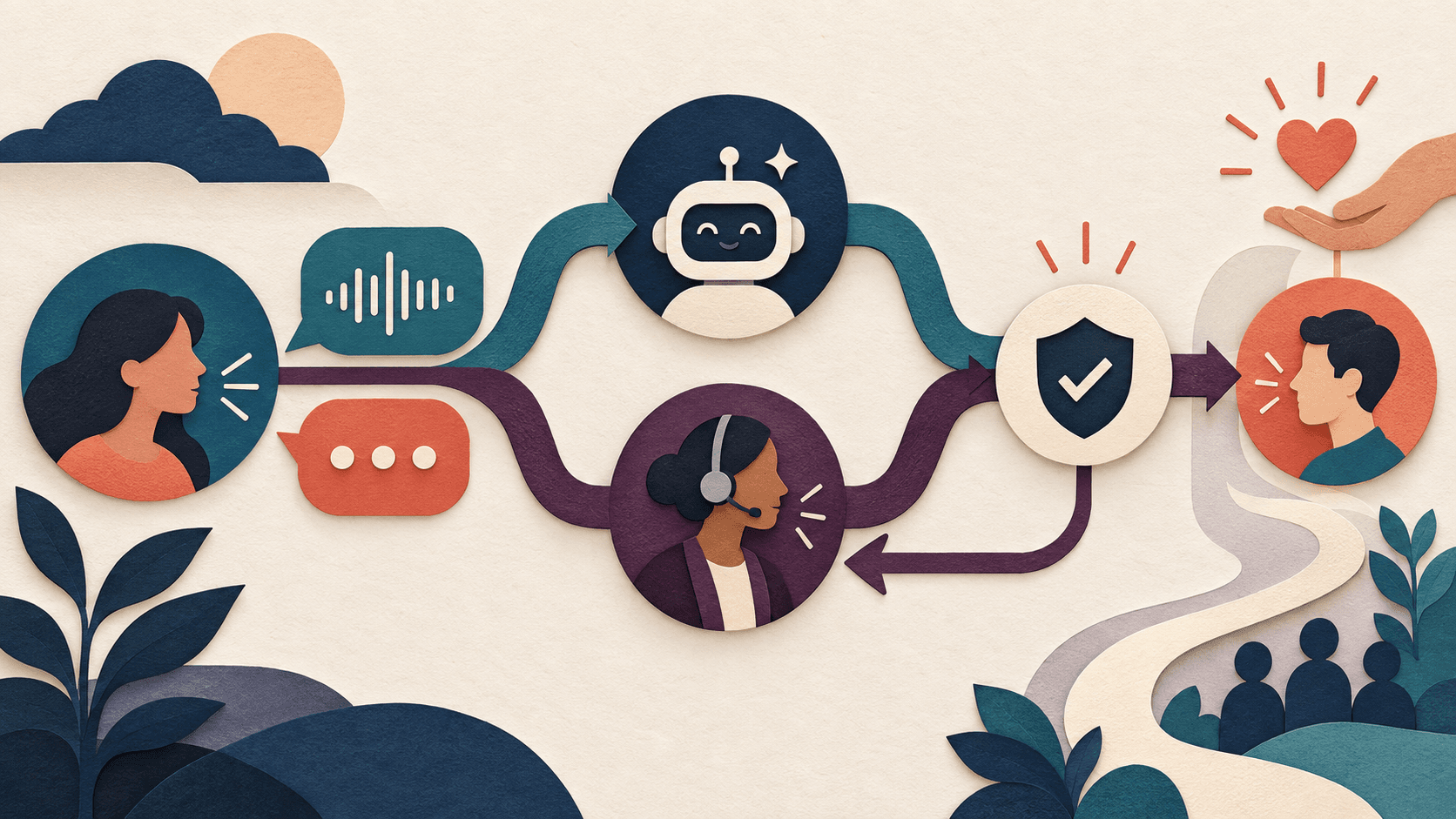 Cresta Review 2026: Contact Center AI, Agents & Pricing Paper-cut editorial illustration of voice and chat conversations entering a governed contact center where AI agents, assisted humans, quality review, and customer escalation remain connected