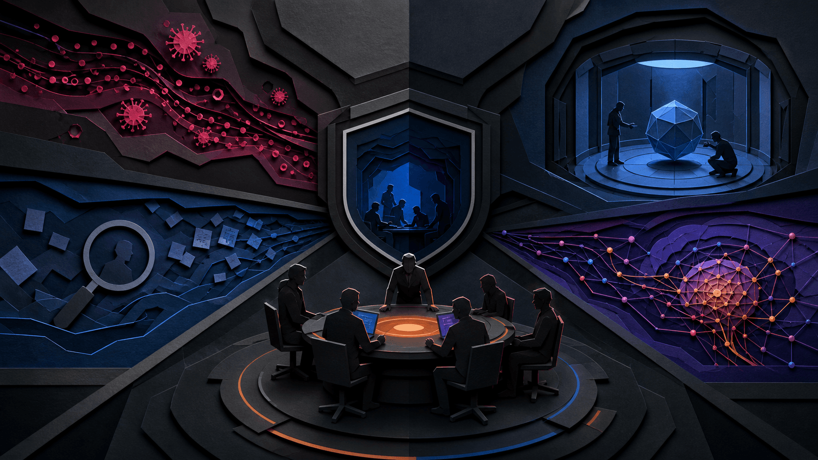 Frontier AI research streams converging inside a defensive lab Paper-cut cybersecurity laboratory combining threat signals, forensic evidence, a shielded model chamber, and a defensive command table