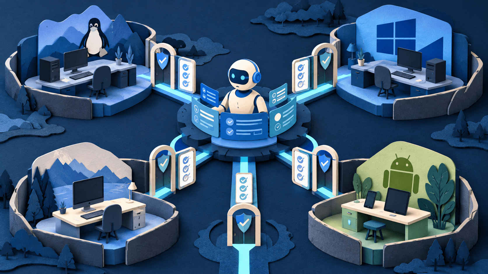 Cua Review 2026: Computer-Use Agents, Pricing, and Security Paper-cut AI operator coordinating isolated Linux Windows macOS and Android workstations through permission gates