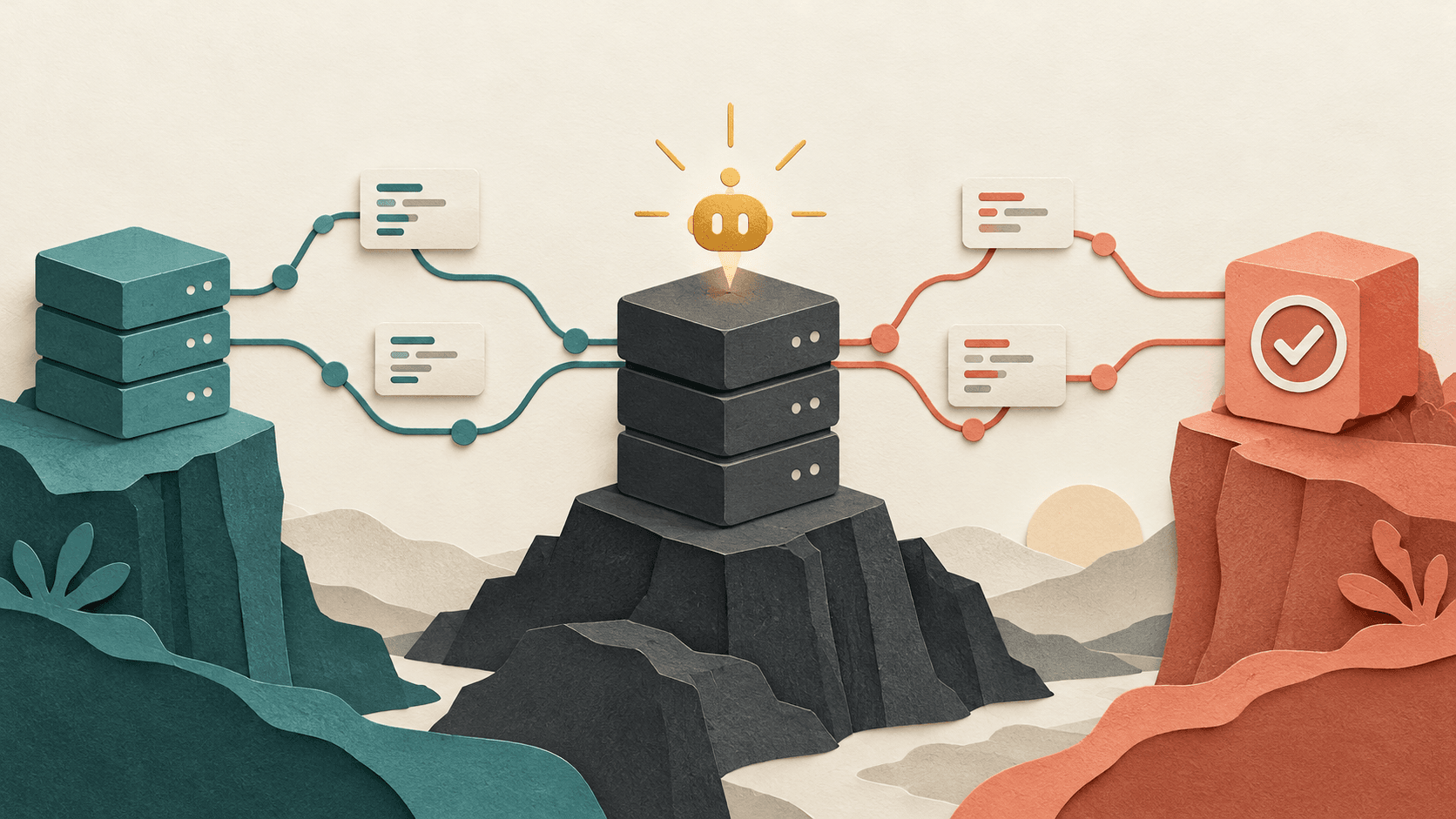 Layered repository cards connected by branching paths and a review checkpoint