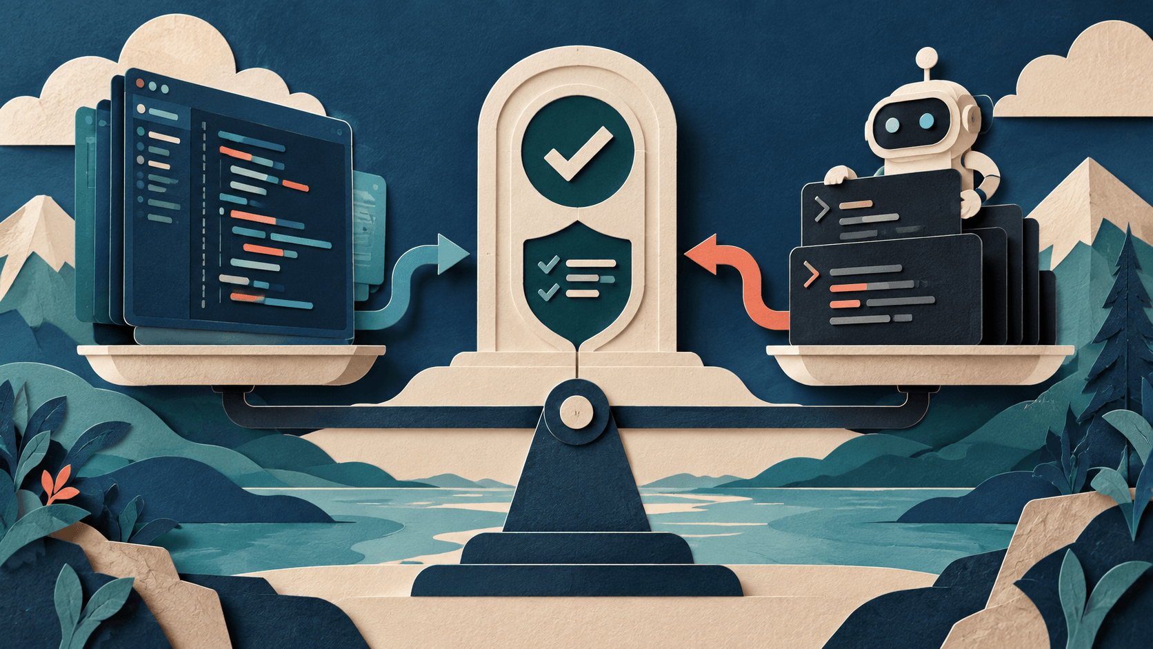 Cursor vs. Claude Code: Editor Workflow or Terminal Agent? Paper-cut editorial illustration of an AI editor and terminal agent producing diffs through the same test and review gate