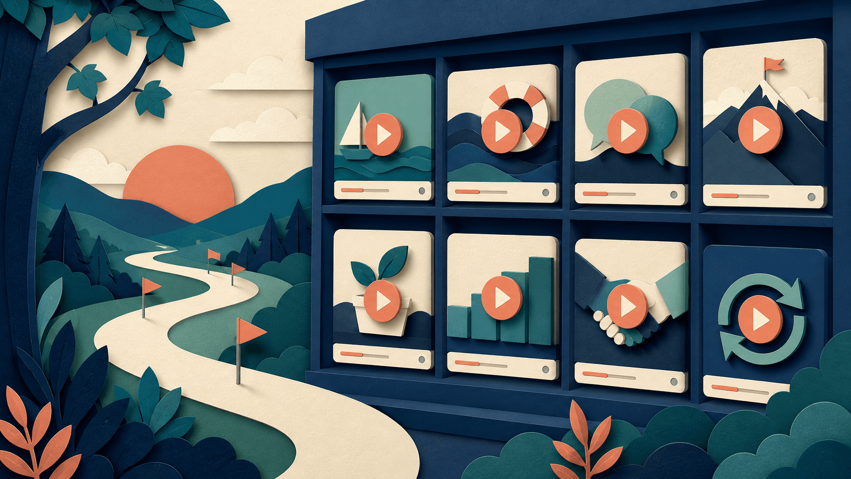 Customer success video library workflow Editorial illustration of an organized customer education video library supporting onboarding, adoption, support, and renewal