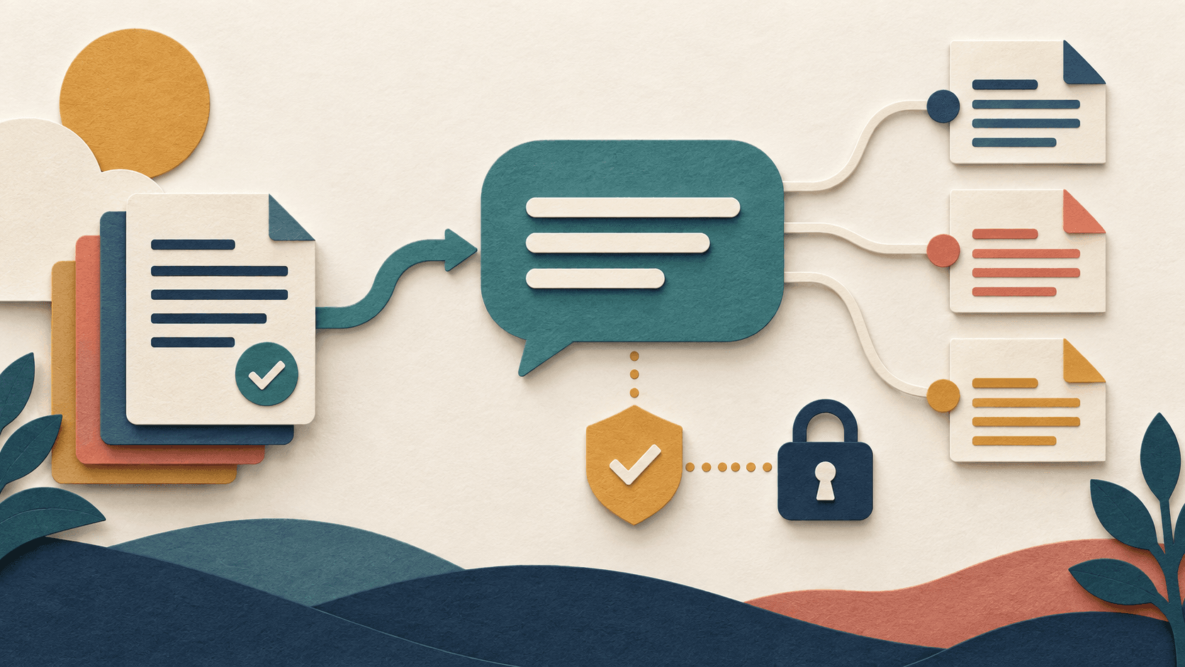 CustomGPT.ai review Layered paper documents linked to a teal answer bubble beside a citation review gate and a permission lock