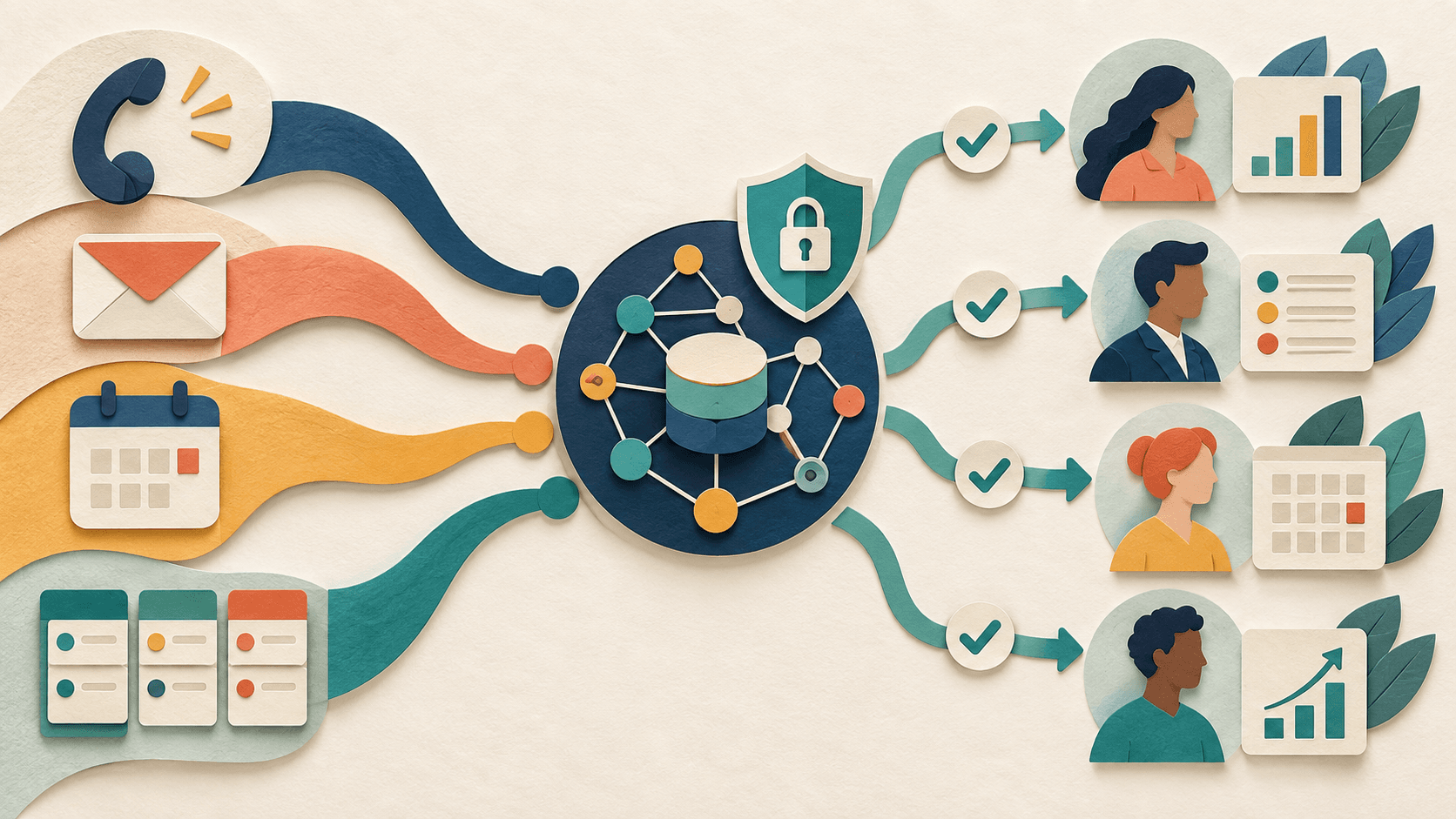 Day AI Review 2026: Company Memory, GTM Agents & Pricing Paper-cut editorial illustration of customer conversations, email, calendar, and pipeline records flowing into a permissioned company-memory graph before bounded agents act through approval gates