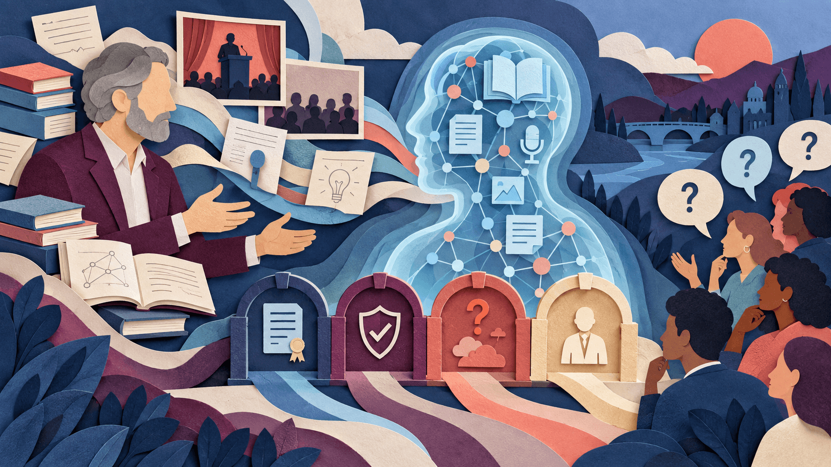 Delphi AI Review 2026: Digital Minds, Voice & Pricing Paper-cut editorial illustration of an expert's books, talks, and lessons entering a labeled digital knowledge twin while citations, consent, uncertainty, and human escalation remain visible