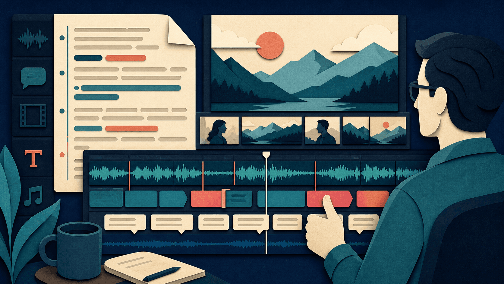 Descript AI video and audio editor review Paper-cut editorial illustration of a human editor cutting audio and video by rearranging transcript-like segments