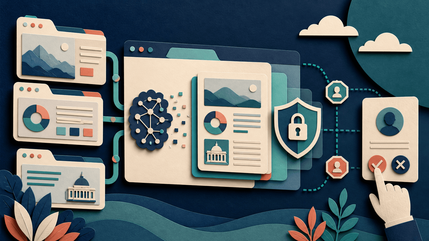 Dia AI browser review and privacy workflow Paper-cut editorial illustration of an AI browser synthesizing several tabs through privacy and human-approval checkpoints