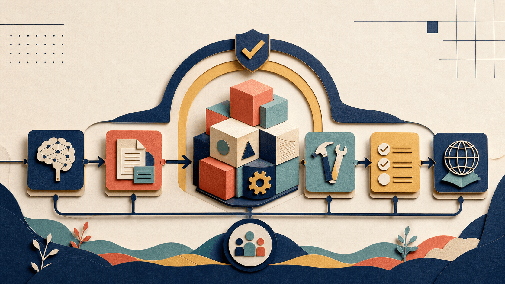 Dify AI Review 2026: Pricing, Workflows, Self-Hosting, and Fit Paper-cut illustration of models, knowledge, tools, and evaluations assembling into a governed AI application workflow