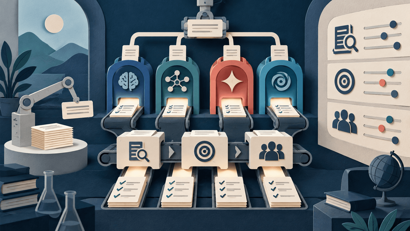 DiscoverAI Answer-Engine Visibility Benchmark: Methodology Paper-cut editorial illustration of a benchmark rig testing identical prompts across four engines with evidence seals and no podium