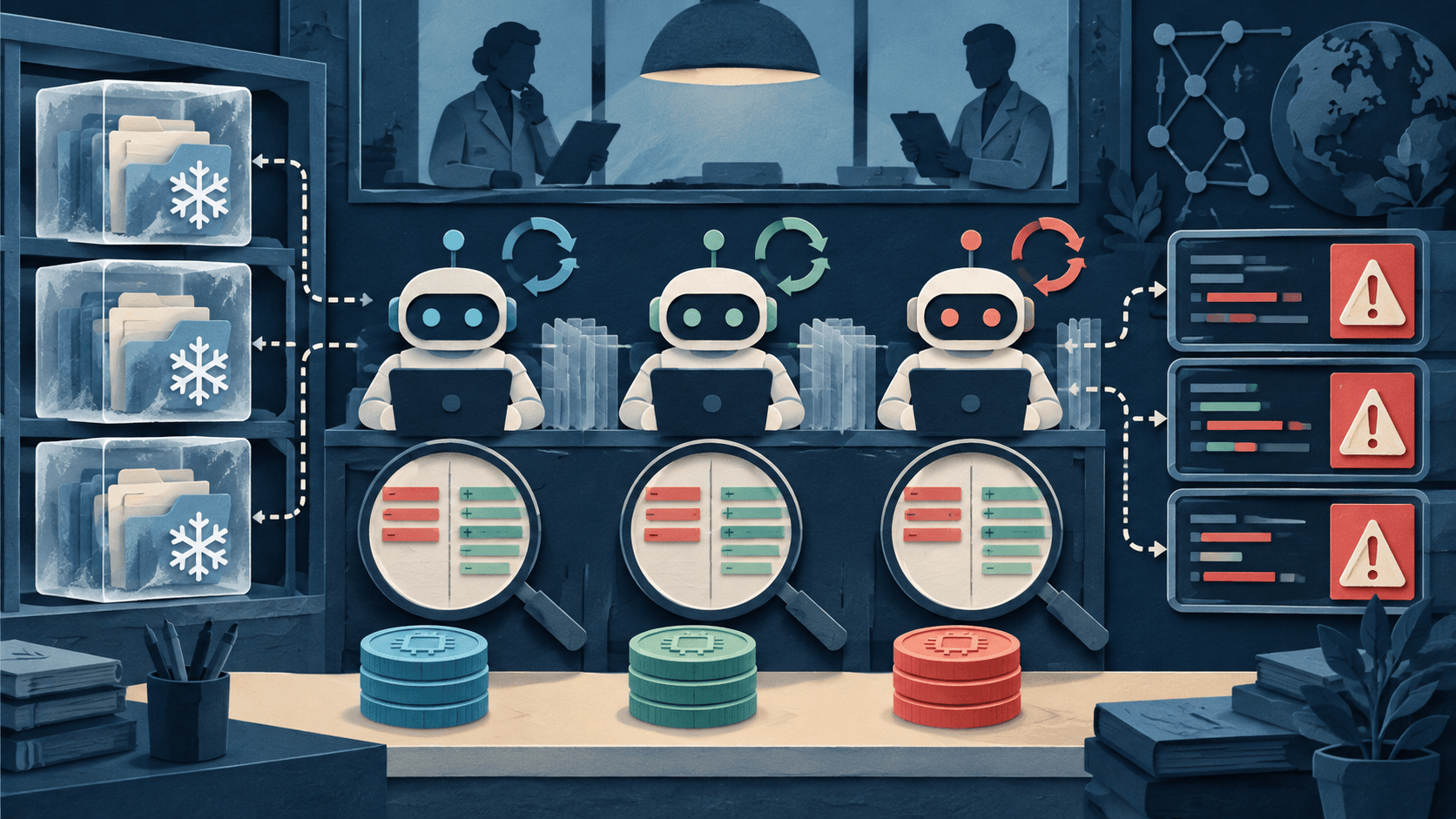 DiscoverAI Coding-Agent Repository Benchmark: Methodology Paper-cut editorial illustration of a neutral lab with frozen repositories blinded diff review severe-failure flags and no podium