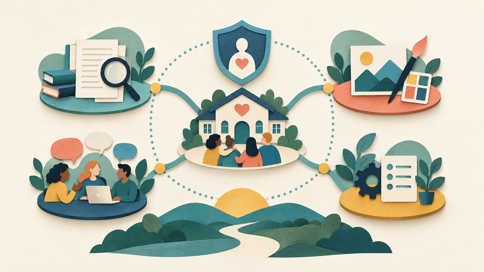 A lean governed AI stack supporting a nonprofit mission Paper-cut illustration of a nonprofit hub connected to documents, research, design, and operations within a human review boundary