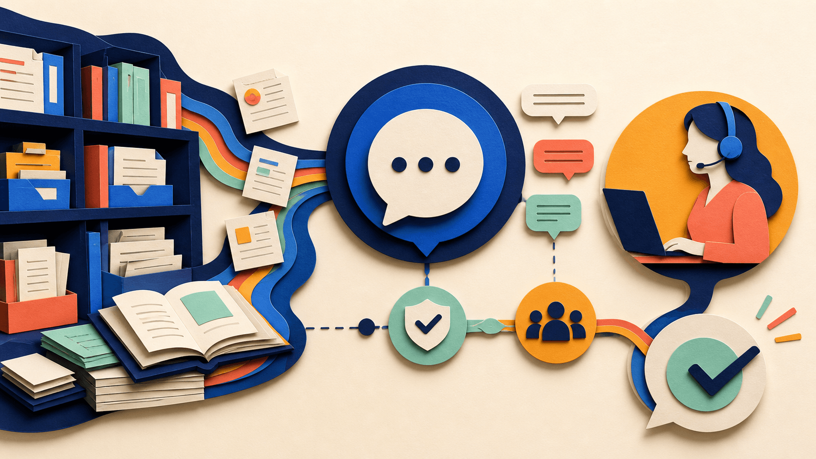 DocsBot AI Review 2026: Pricing, Accuracy, Privacy, and Fit Paper-cut illustration of product documents feeding a support chatbot with evidence, permission, and human escalation checkpoints