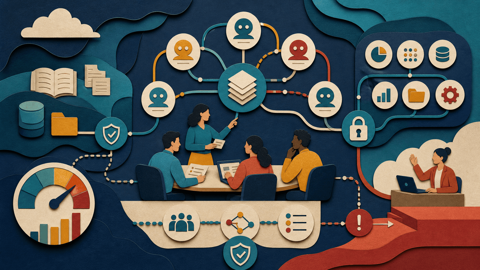 Dust AI agent platform review Paper-cut illustration of a team supervising connected AI agents, knowledge permissions, usage, and escalation