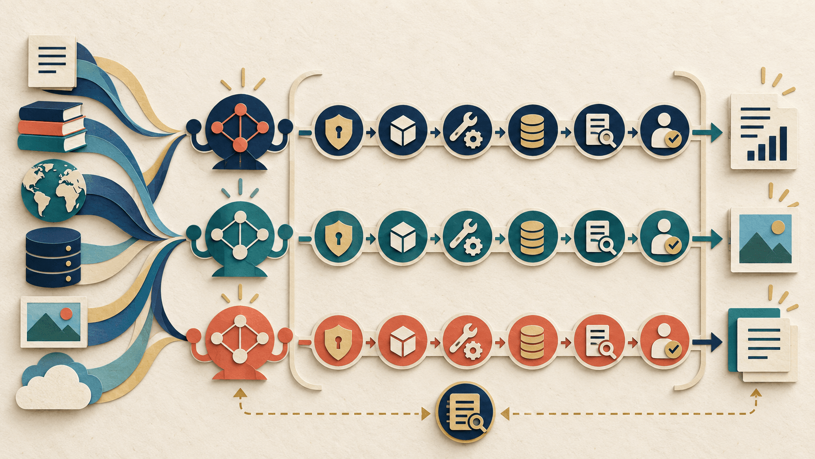 Dust Review 2026: AI Agents, Credits, Security & Fit Paper-cut editorial illustration of company knowledge feeding permissioned agents through model, tool, credit, audit, and approval controls