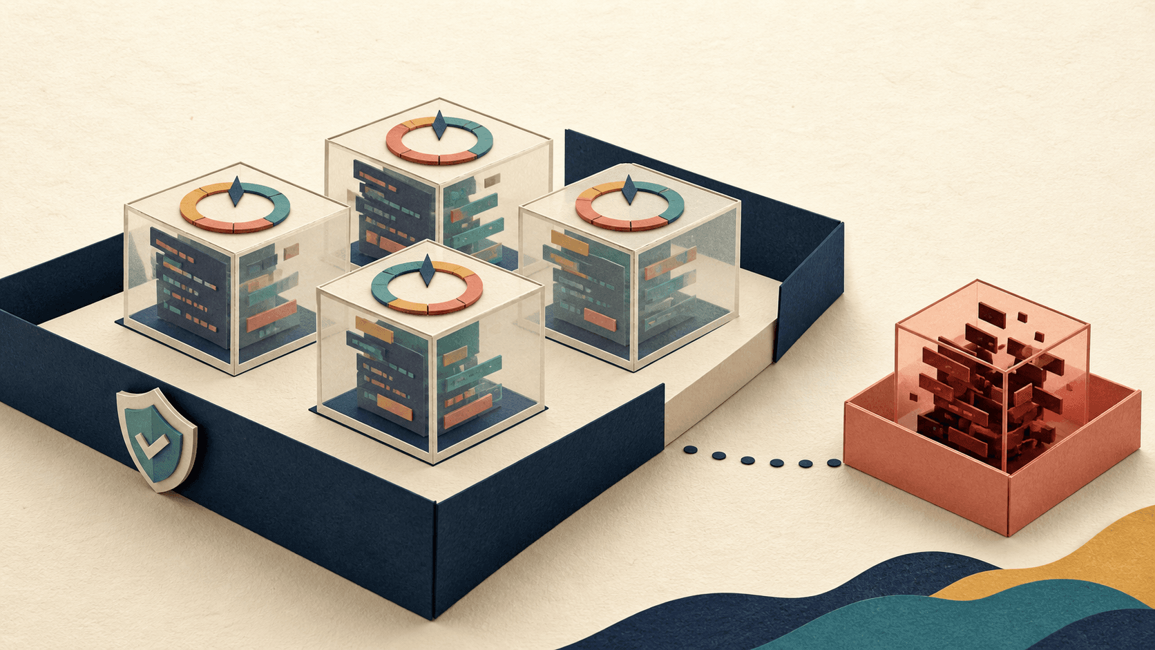 E2B Review 2026: AI Code Sandboxes, Pricing, Security, and Fit Paper-cut illustration of isolated code sandboxes and a quarantined workload