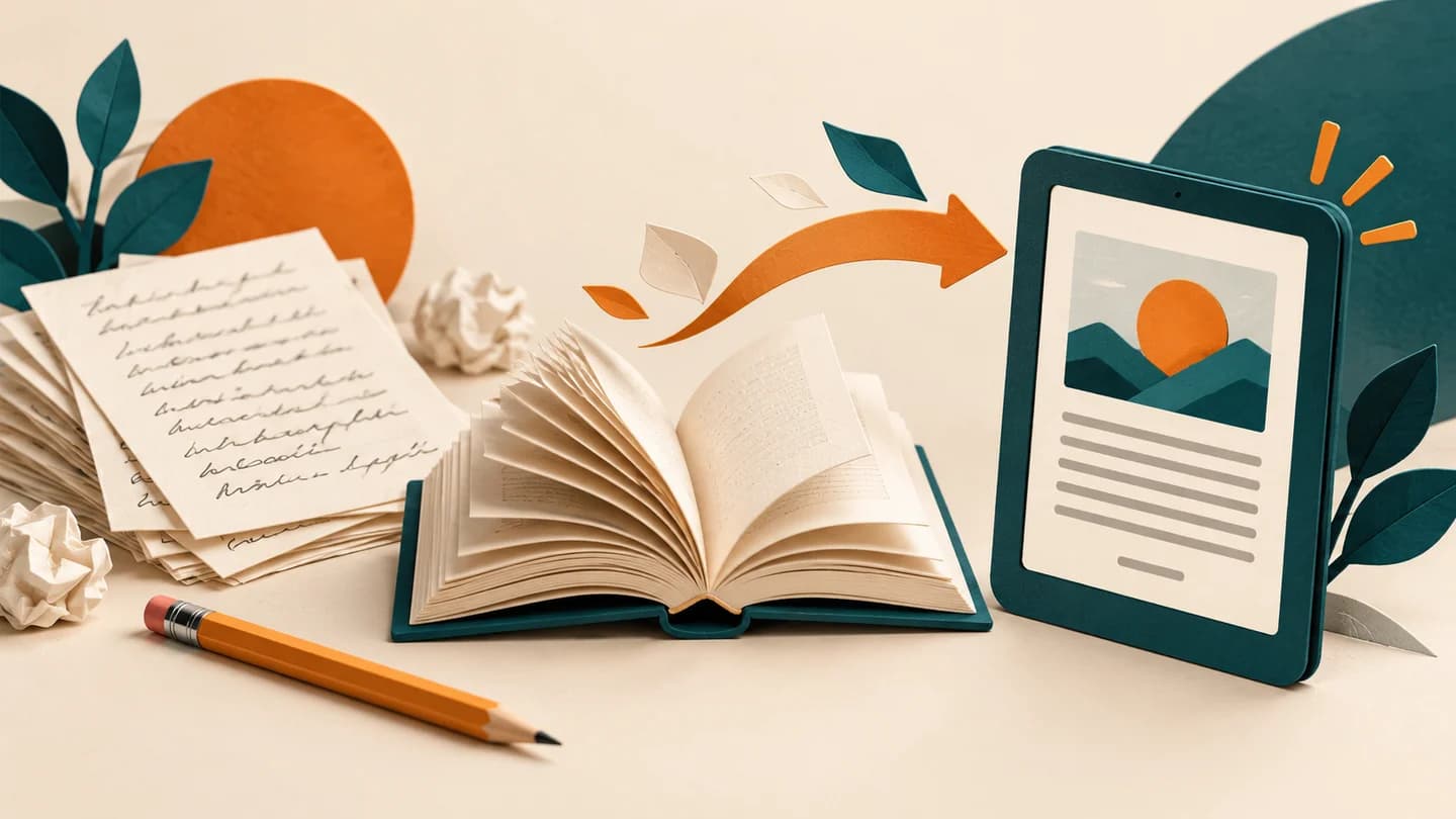 An ebook and manuscript pages on an editing desk