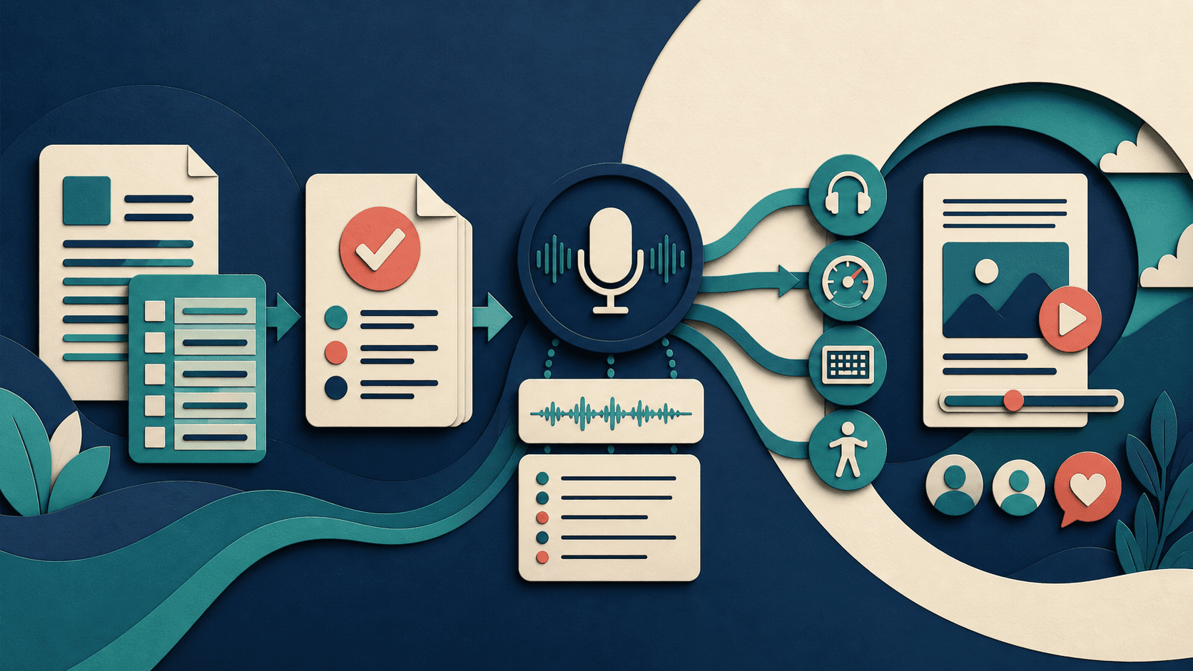 Accessible audio content workflow with ElevenLabs Editorial illustration transforming structured written content into reviewed narration with synchronized transcript, playback-speed controls, keyboard access, and user testing