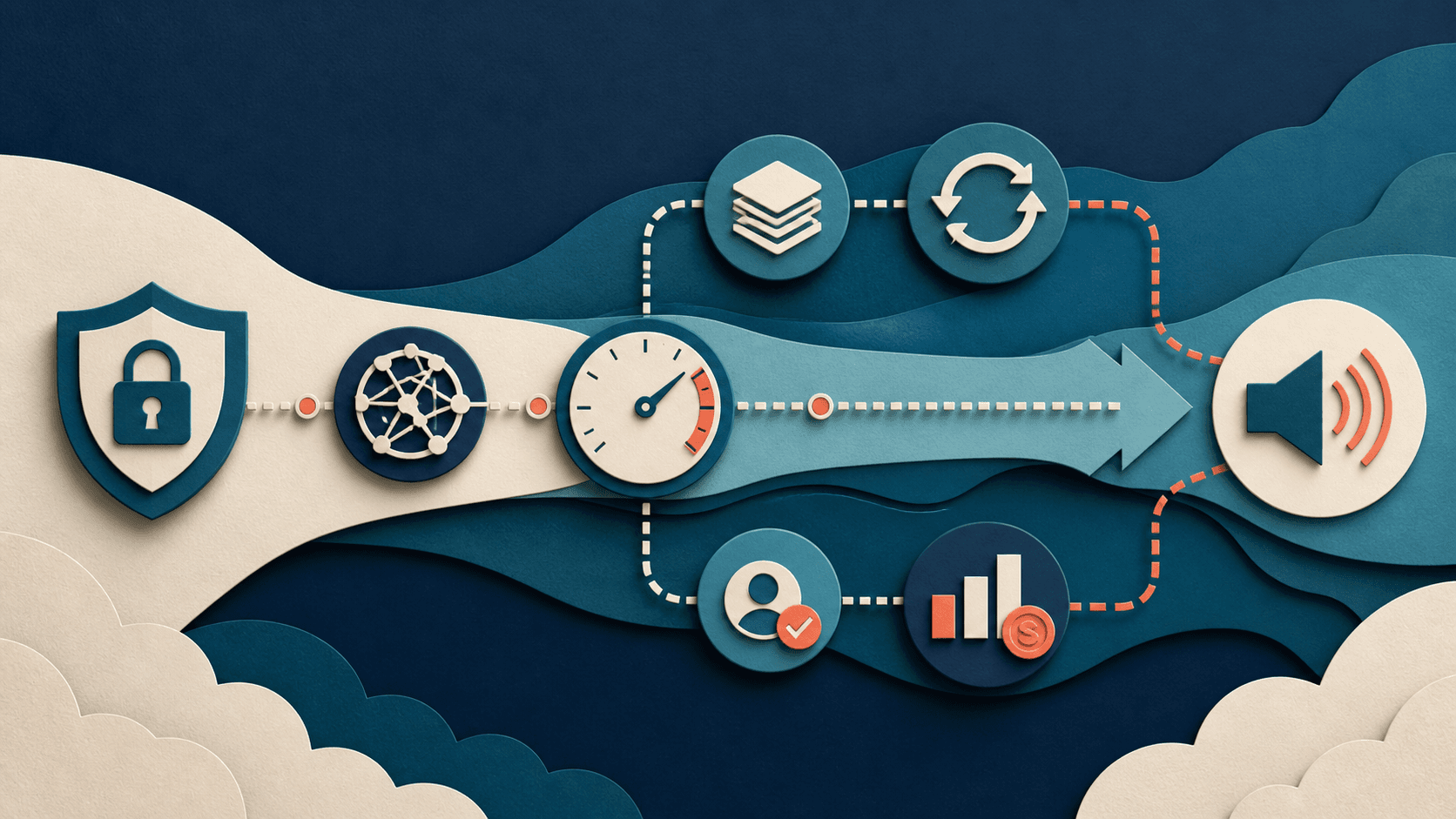ElevenLabs text-to-speech API architecture Editorial illustration of a secure text-to-speech product architecture connecting API controls, latency budgets, caching, failure recovery, consent, cost monitoring, and audio playback