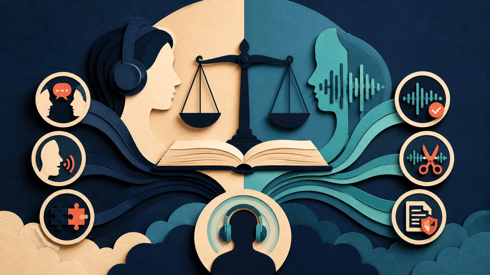 ElevenLabs audiobook narration decision guide Editorial illustration balancing human and synthetic audiobook narration across dialogue, pronunciation, continuity, editing, rights, and listener trust