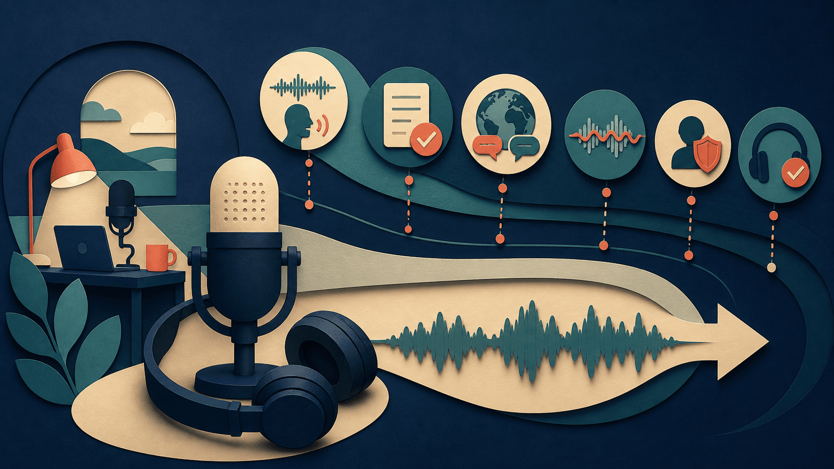 ElevenLabs podcast production workflow Editorial illustration of a human-led podcast using selective AI narration for pickups, localization, waveform matching, disclosure, and headphone review