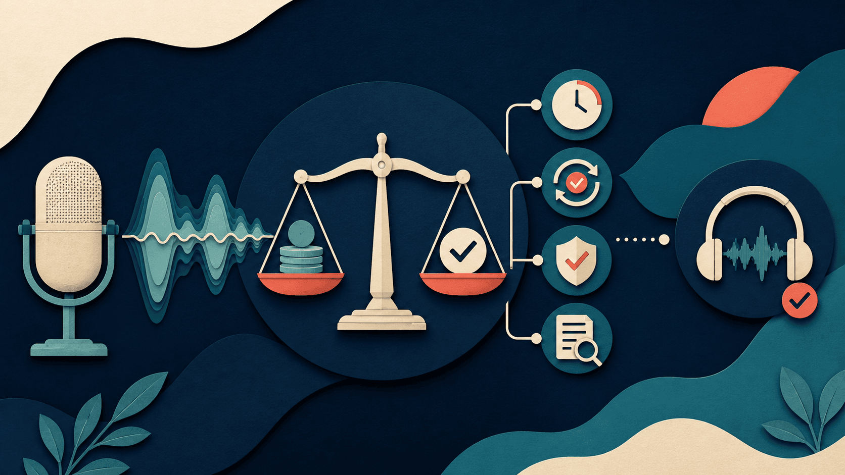 ElevenLabs pricing and value assessment for AI voice production Editorial illustration balancing AI voice credits, production time, revisions, rights checks, and approved audio output