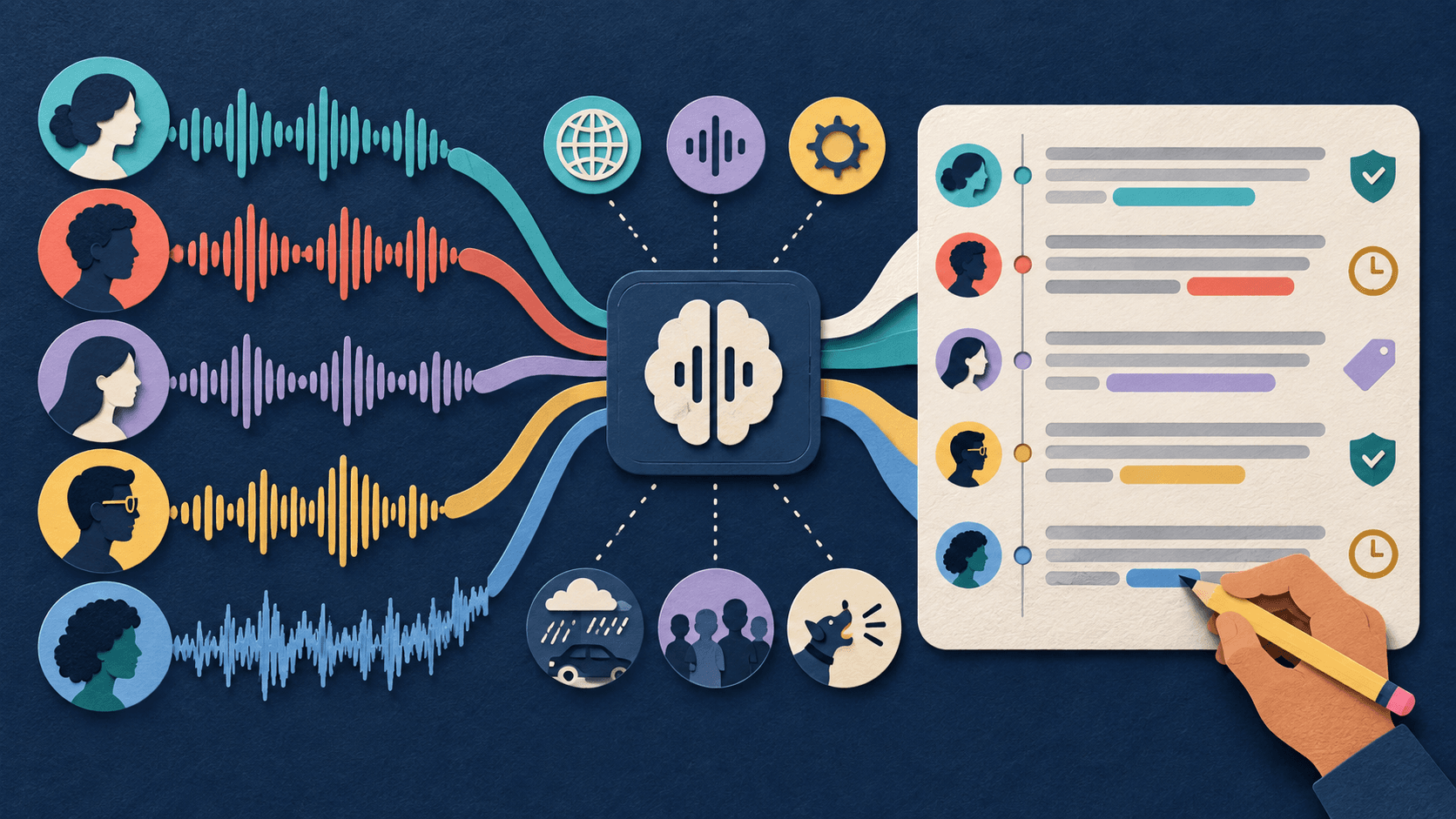 ElevenLabs Scribe speech-to-text review Paper-cut editorial illustration of multilingual audio waveforms becoming timestamped speaker transcripts through terminology, accuracy, privacy, latency, and human-correction checks