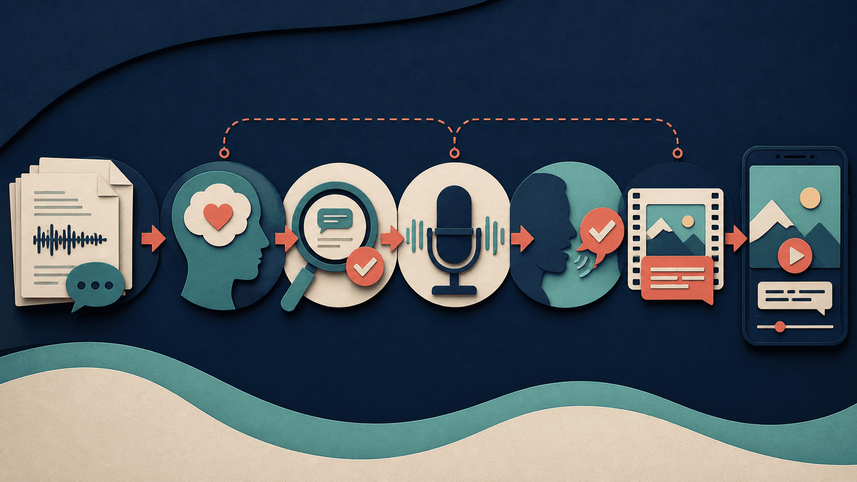 ElevenLabs video localization and AI dubbing workflow Editorial illustration of video localization moving from transcript through meaning-first translation, terminology review, timed dubbing, native-speaker approval, captions, and mobile playback