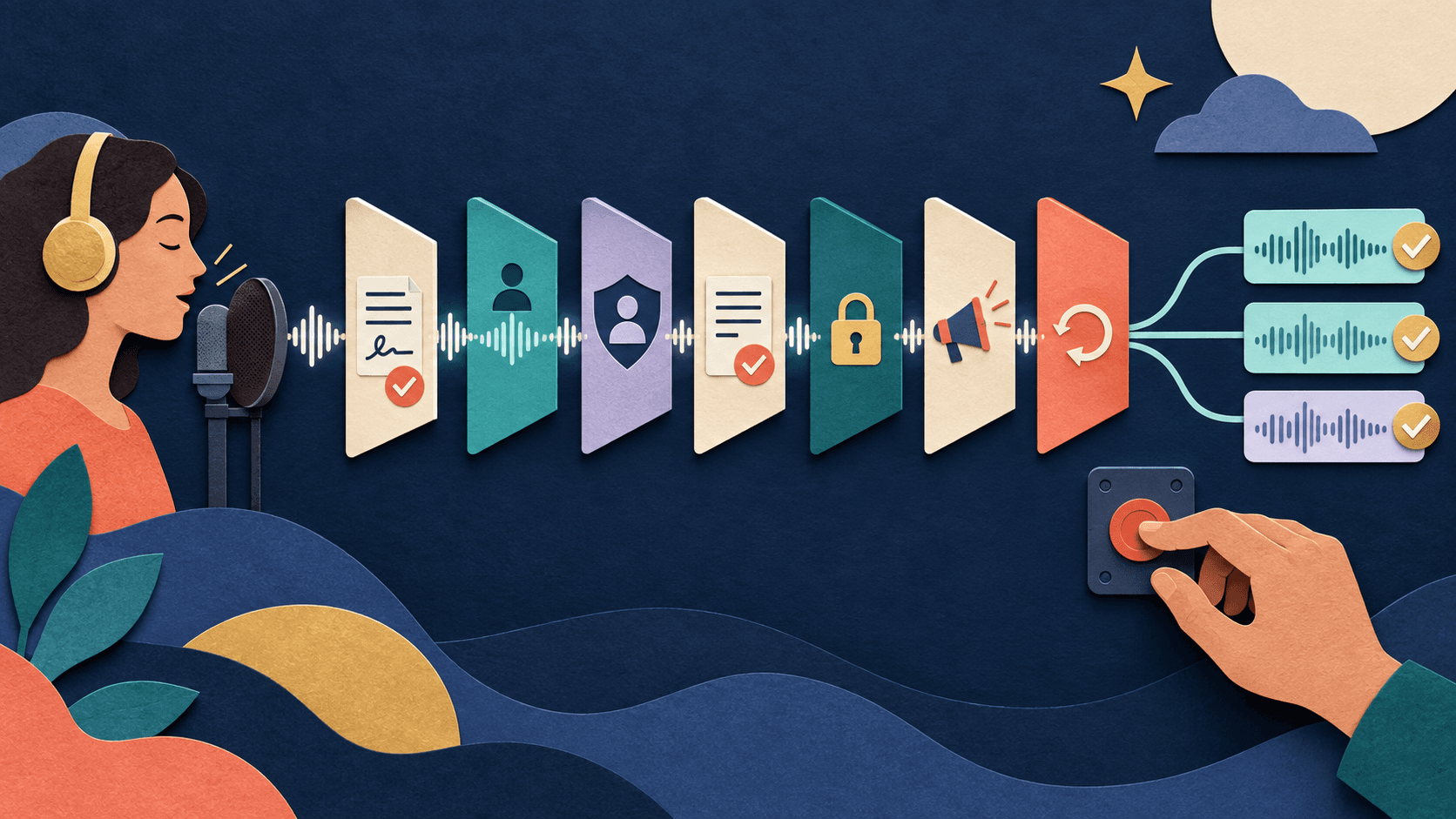 ElevenLabs voice cloning for brands and creators Paper-cut editorial illustration of an authorized speaker recording a controlled voice dataset that passes through consent, quality, script approval, access, disclosure, and revocation gates