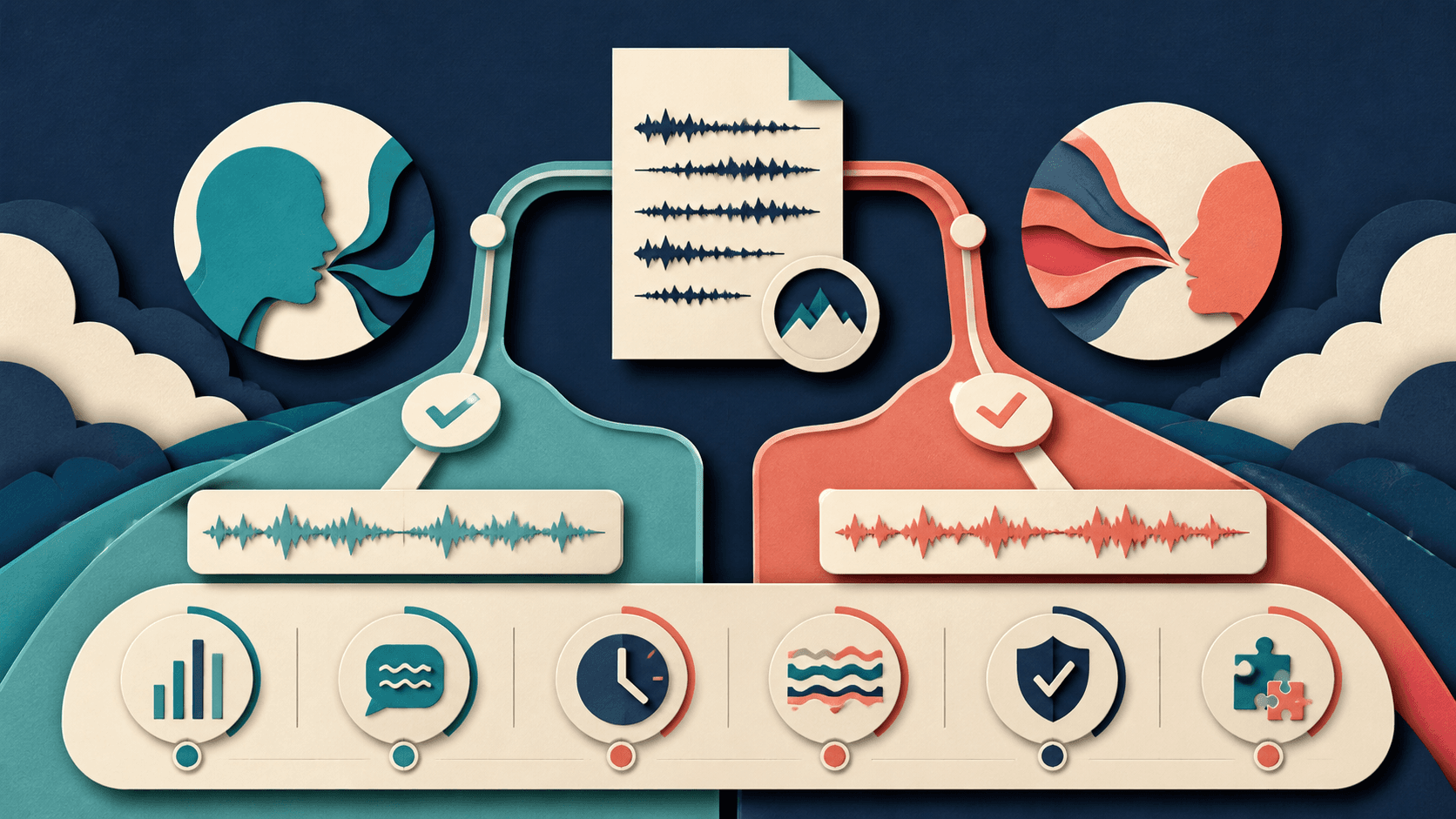 ElevenLabs vs PlayHT voice platform comparison Editorial illustration of two AI voice platforms testing the same script for natural delivery, intelligibility, correction time, consistency, licensing, and developer fit