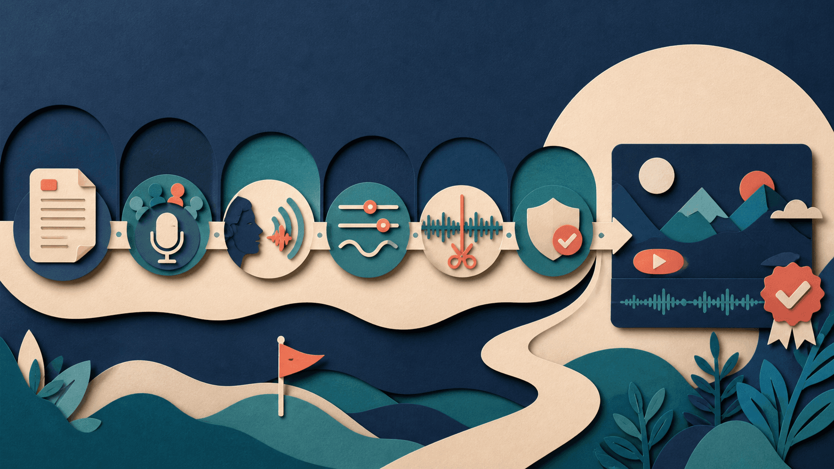 ElevenLabs YouTube voiceover production workflow Editorial illustration of a YouTube voiceover moving from speech-ready script through voice choice, pronunciation, pacing, editing, disclosure, and final review