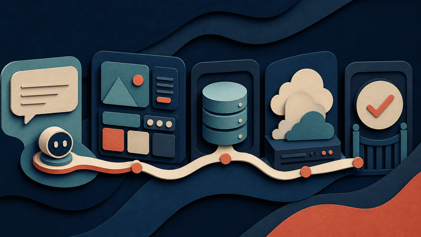 Emergent AI full-stack app builder review Paper-cut editorial illustration of an AI agent connecting an interface, database, cloud deployment, and human review gate