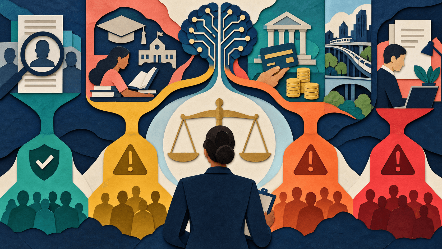 AI systems are sorted by intended use and decision impact Paper-cut illustration sorting AI uses for hiring, education, credit, infrastructure, and office writing into different legal risk paths