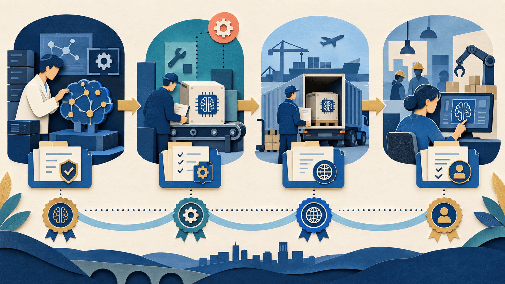 EU AI Act provider and deployer role map Paper-cut editorial illustration separating an AI model builder, downstream integrator, importer, distributor, and workplace deployer into documented roles