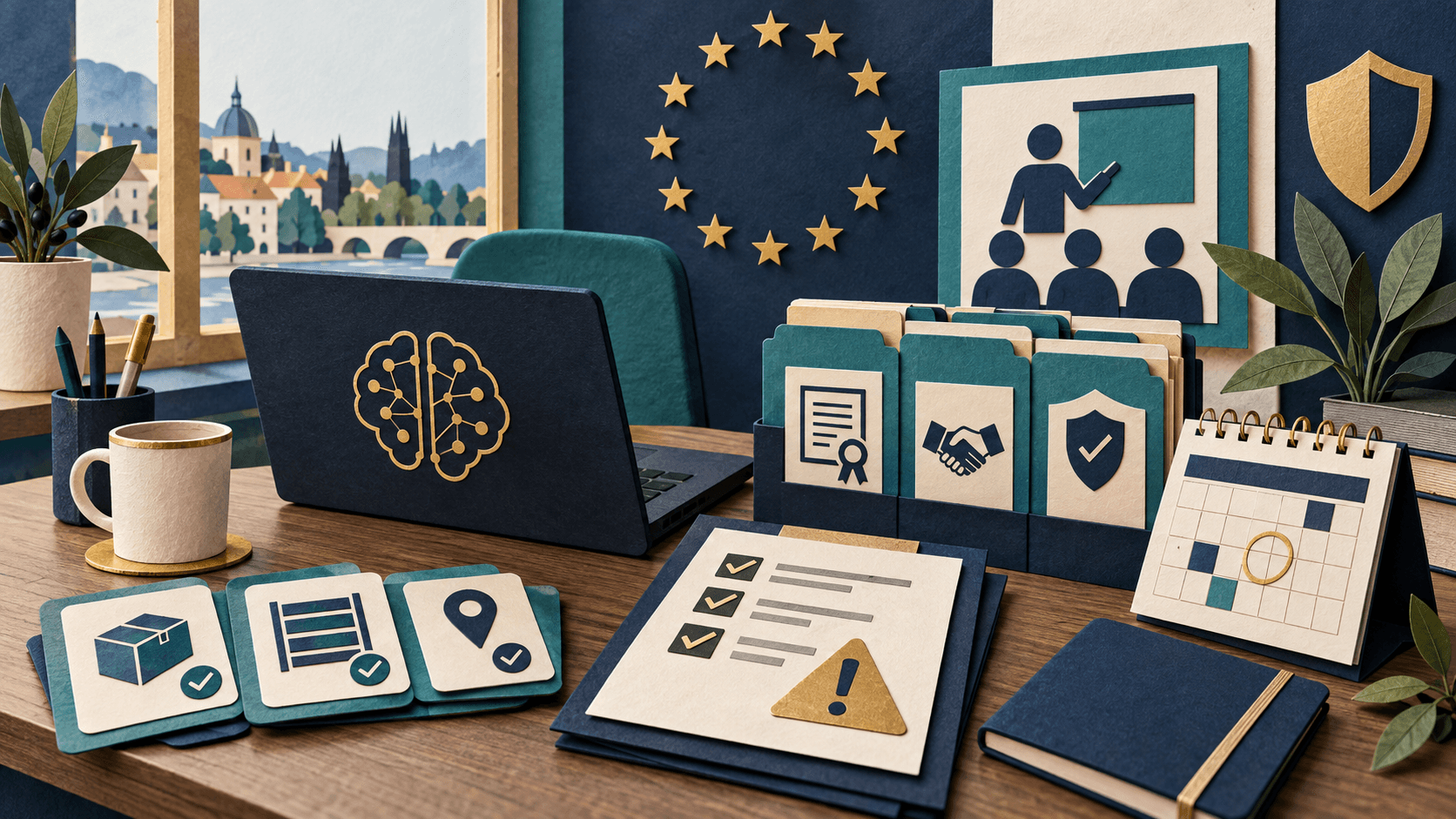 A small business turns the EU AI Act into a maintained checklist Paper-cut illustration of a small business desk with an AI inventory, risk checklist, staff training, vendor evidence, and review calendar