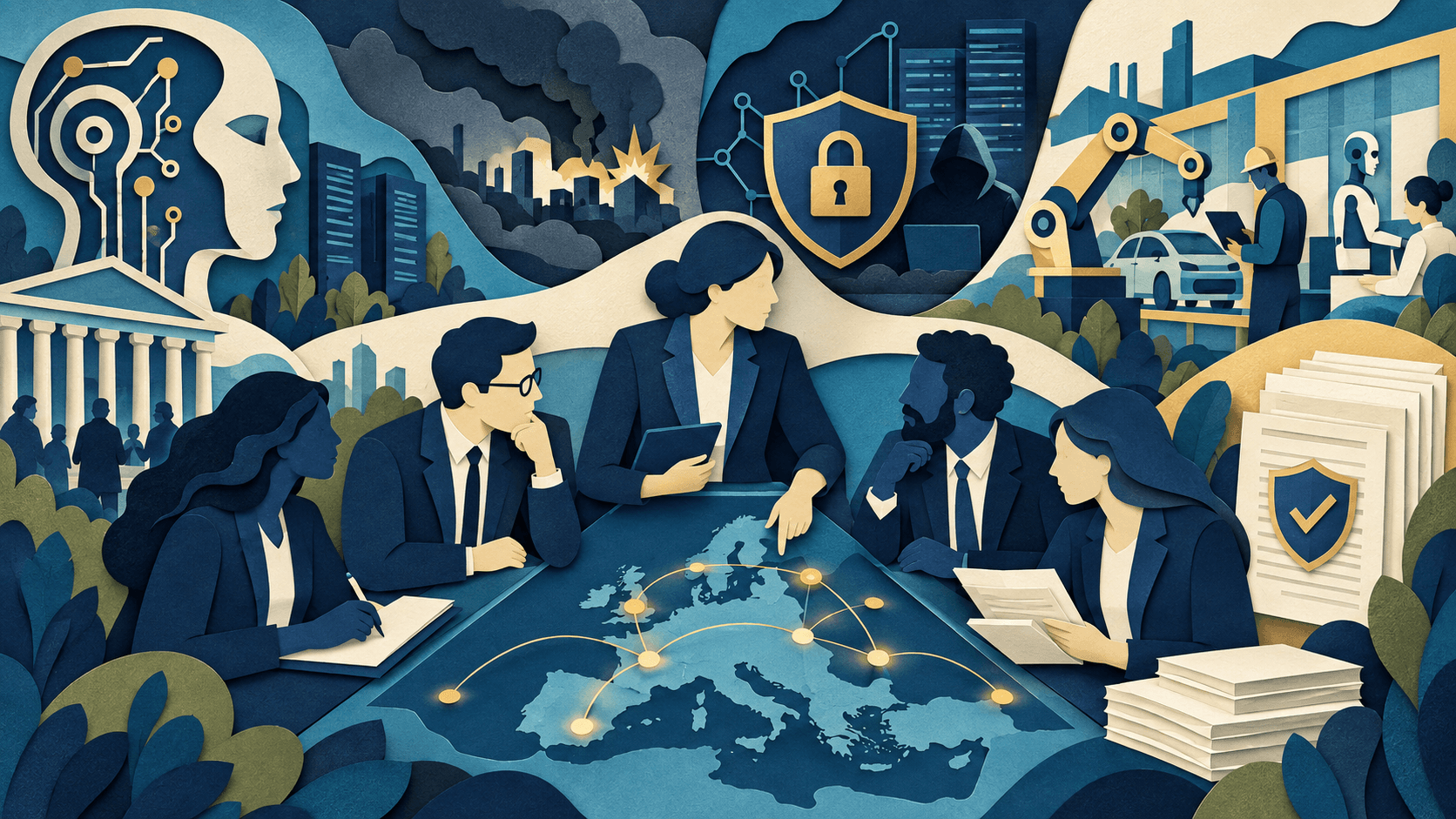 EU AI Board Reviews Enforcement and Frontier AI Priorities Abstract paper-cut editorial illustration of European regulators coordinating AI enforcement, frontier incidents, cybersecurity, industry adoption, and documented controls