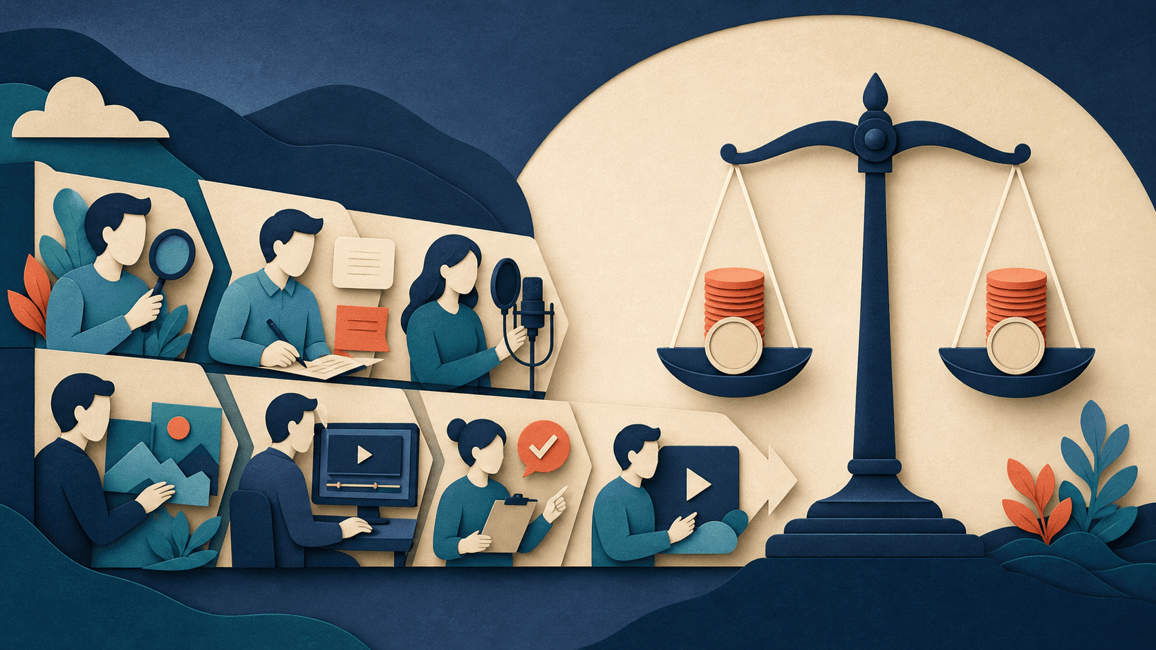 Faceless YouTube video cost breakdown Editorial illustration of faceless video research, scripting, narration, visuals, editing, and review balanced against total production cost