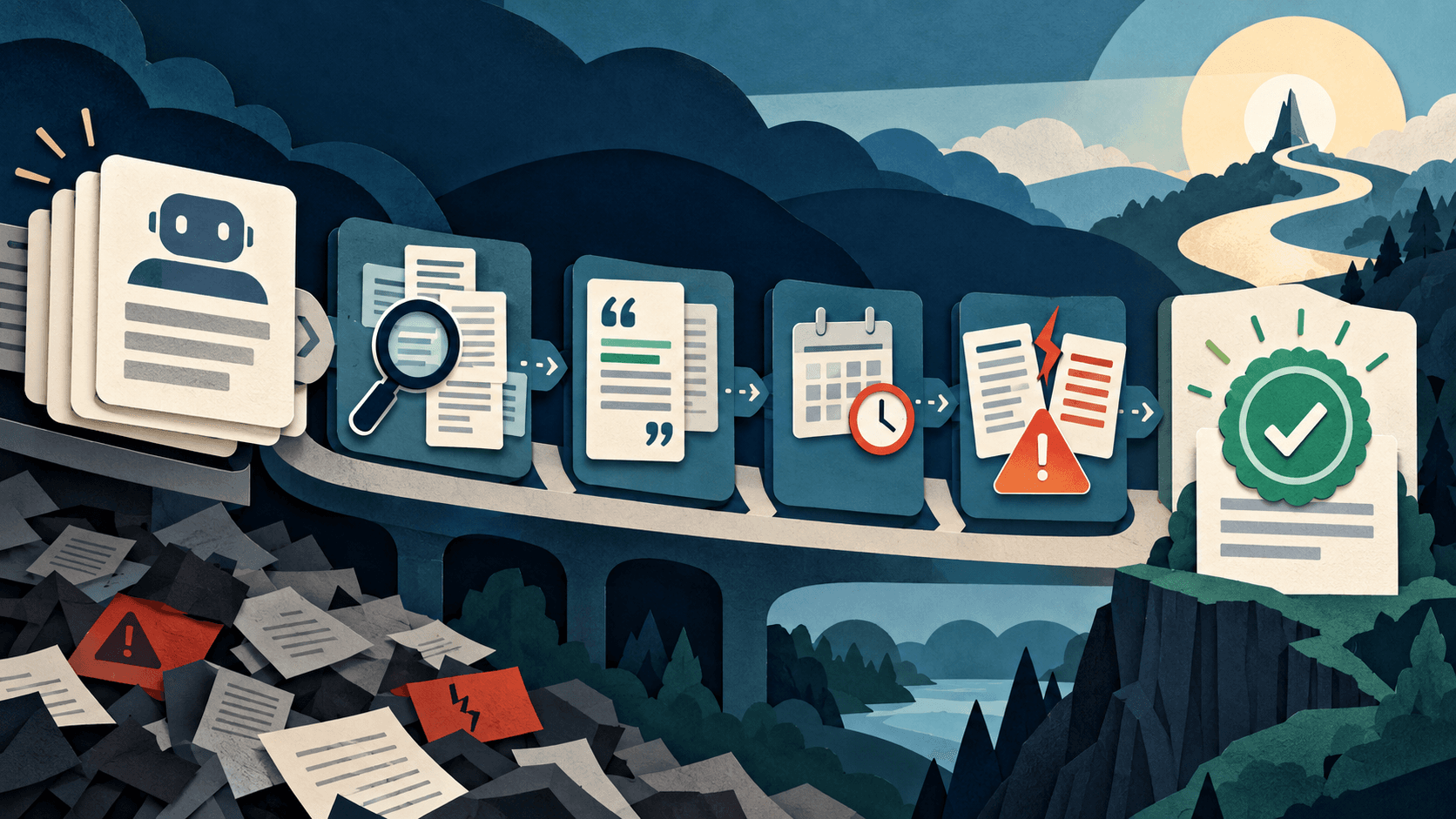 AI citations pass through an evidence audit Paper-cut editorial illustration of AI answer cards checked for source identity, quotation support, dates, contradictions, and approval
