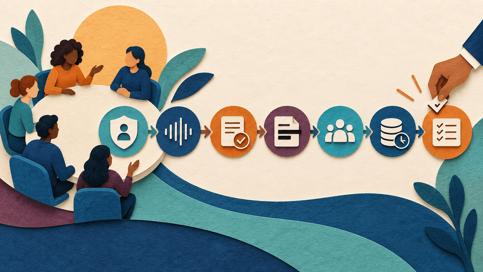 Fellow AI Review 2026: Meeting Notes, Security & Pricing Paper-cut editorial illustration of a meeting moving through consent, transcription, decisions, redaction, access, retention, and accountable action-item checkpoints