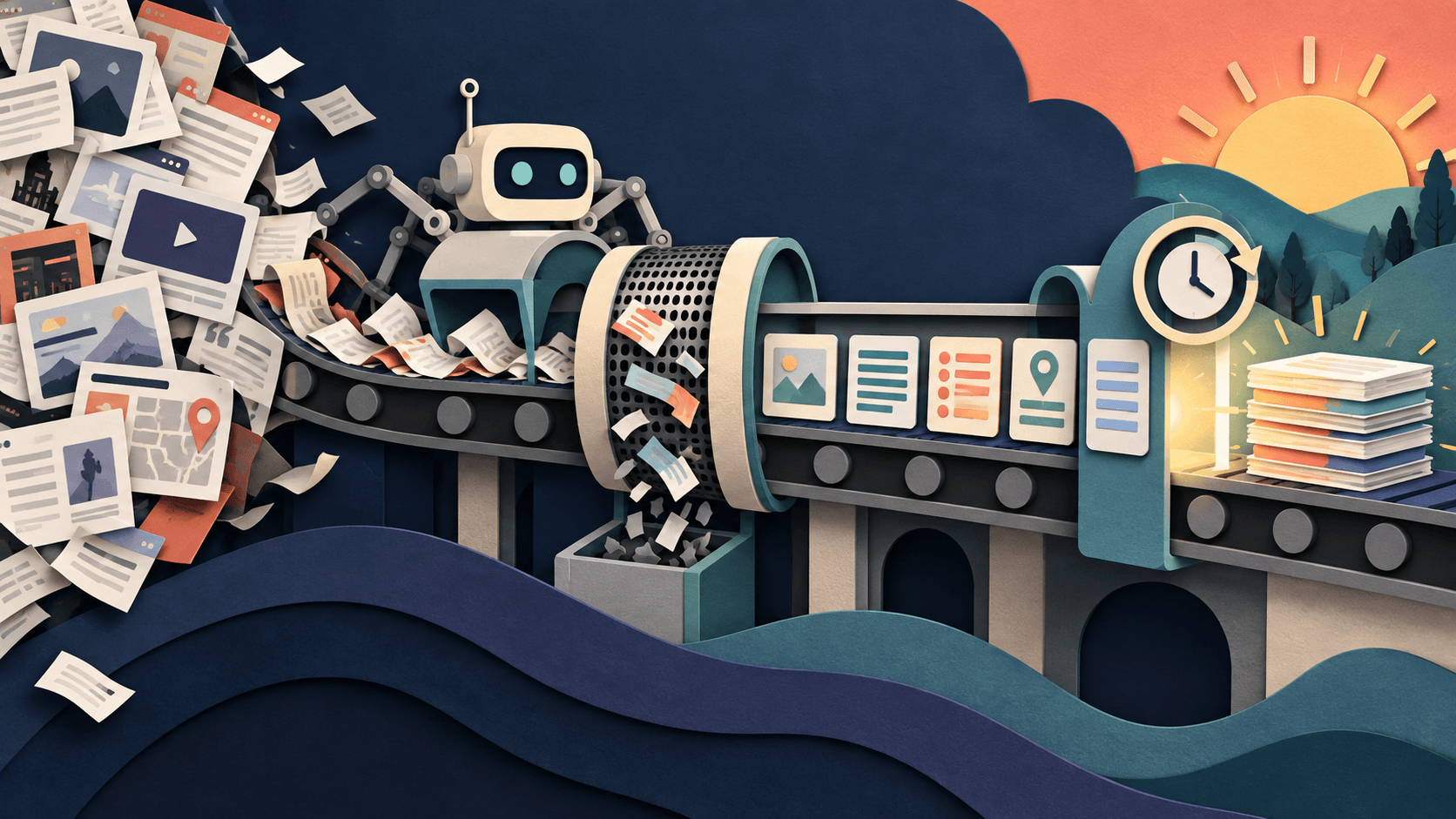 Firecrawl Review 2026: Web Scraping for AI, Pricing, and Fit Paper-cut editorial concept showing web pages becoming clean structured context through a controlled extraction pipeline