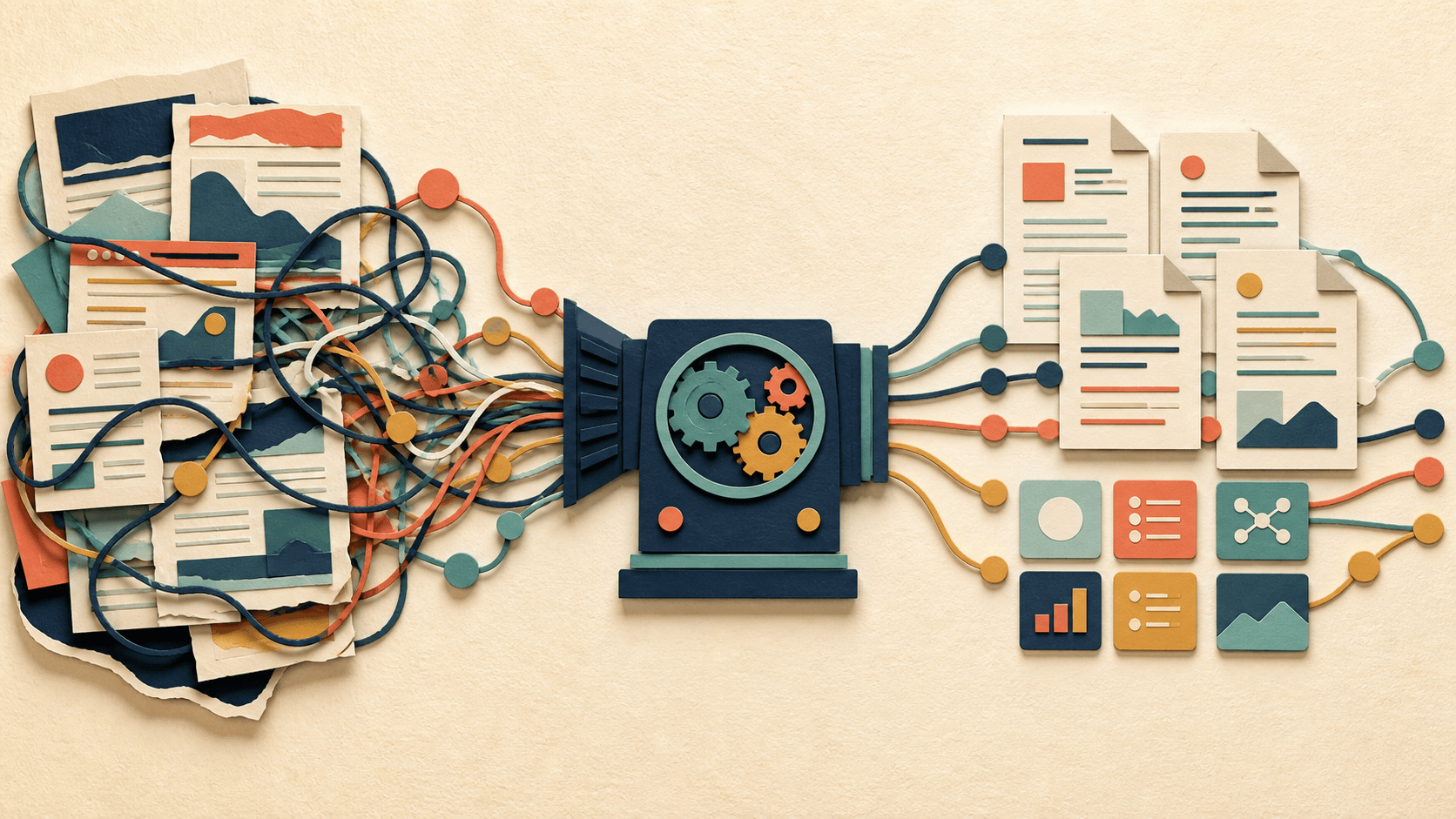 Firecrawl Review 2026: Web Data API, Pricing, Privacy, and Fit Paper-cut illustration of tangled website pages becoming structured documents