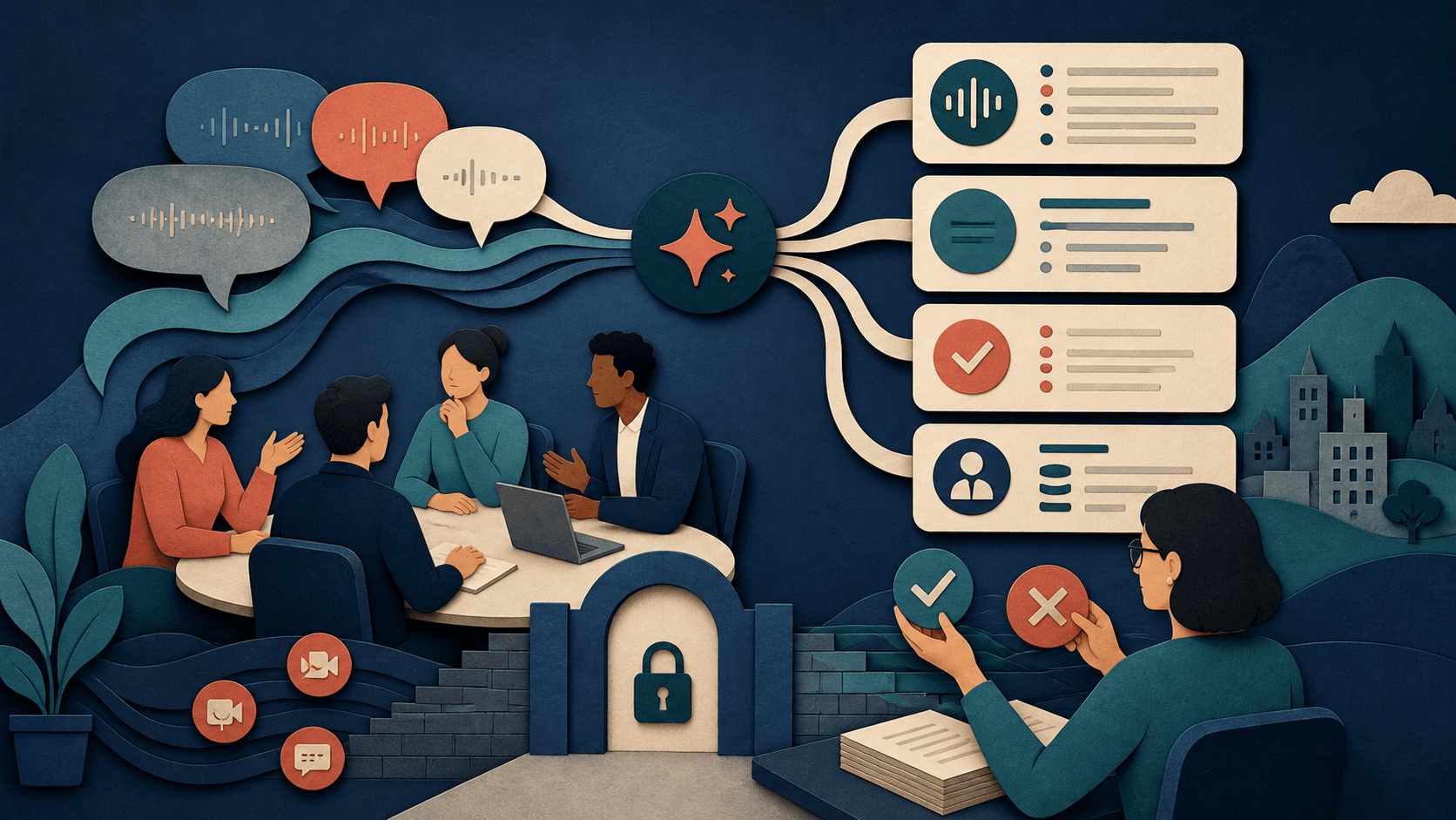 Fireflies AI meeting assistant review Paper-cut editorial illustration of a team meeting becoming transcripts, summaries, action items, and approved follow-up behind a privacy gate