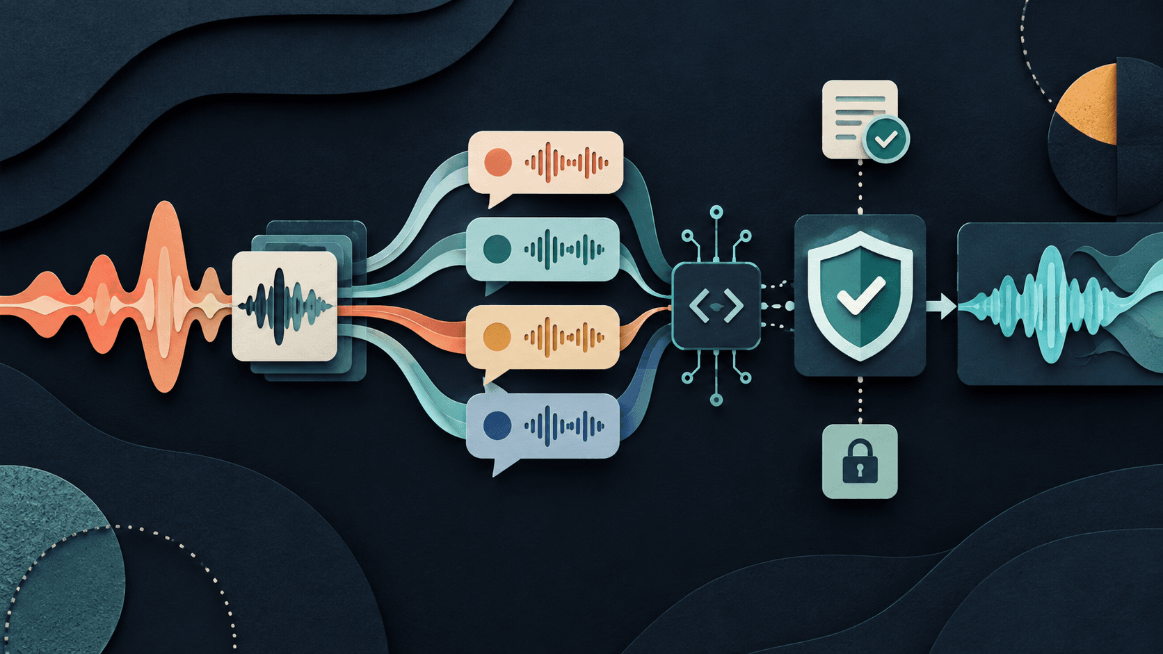 Fish Audio review: expressive speech, voice cloning, API, and consent Paper-cut editorial illustration of an expressive waveform moving through a voice reference, multilingual dialogue, API, consent, privacy, and approval checkpoints