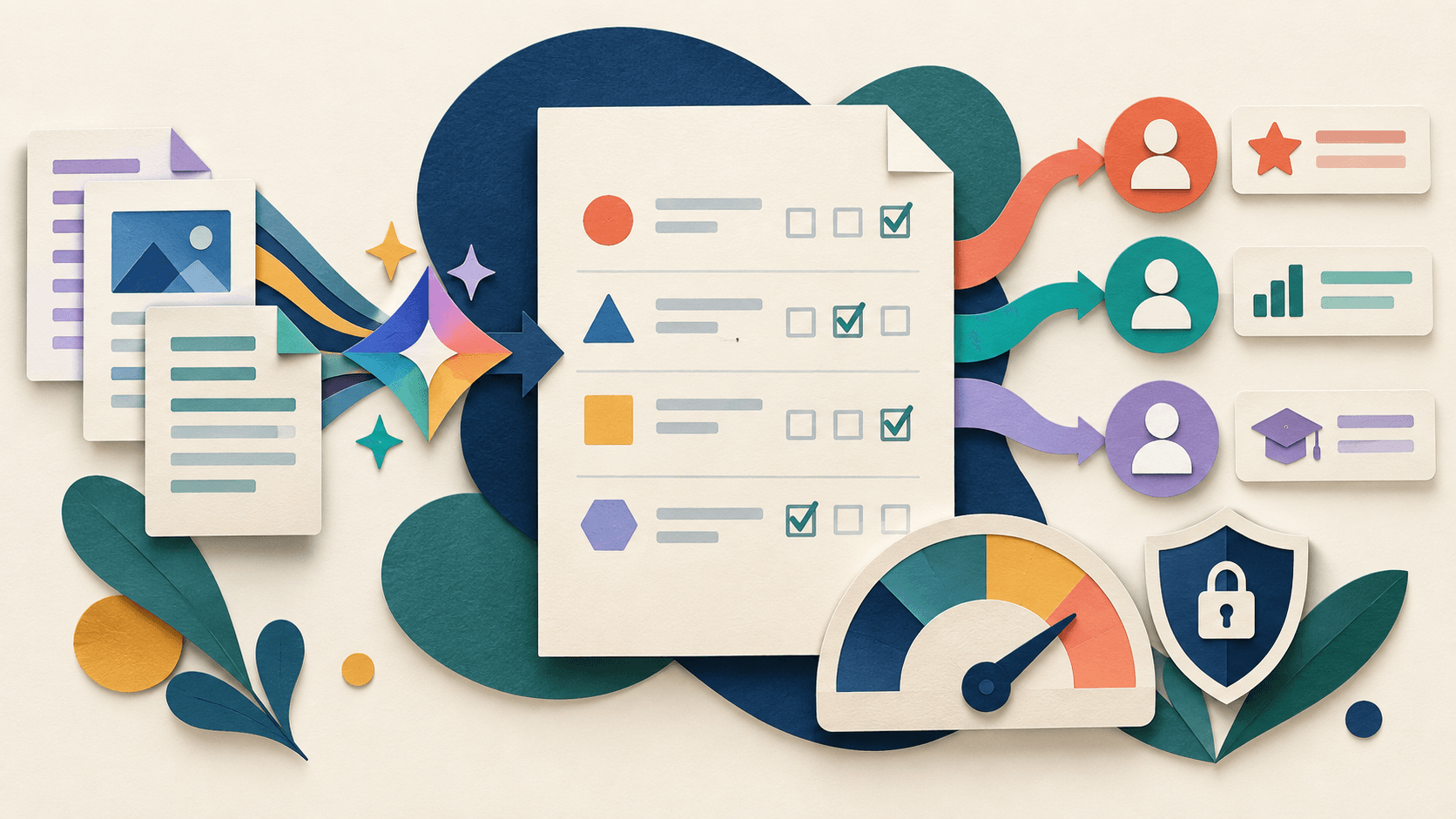 FlexiQuiz review: AI-assisted quizzes and assessments Paper-cut editorial illustration of source documents becoming a checked online assessment with learner paths, a grading dial, and privacy shield