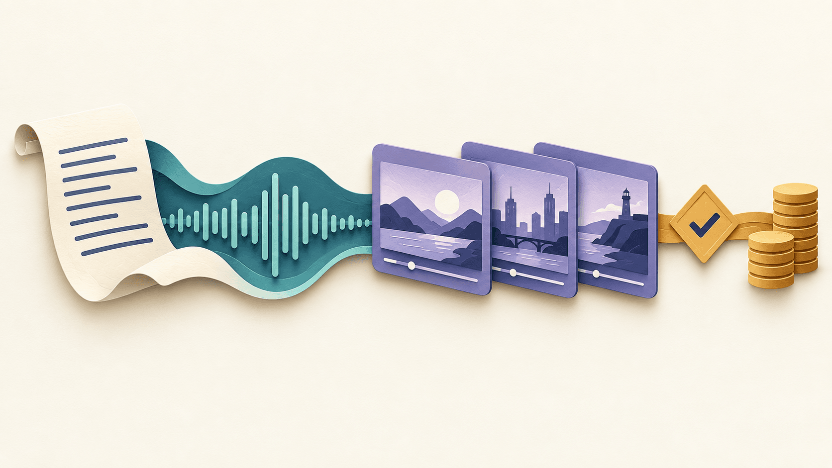 Fliki review Paper-cut script sheet flowing through an audio waveform into video scene cards beside a quality gate and credit tokens