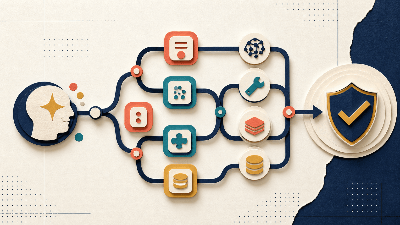 Flowise AI Review 2026: Pricing, Security, Self-Hosting, and Fit Paper-cut illustration of branching model, memory, data, and tool nodes converging on a protected production endpoint