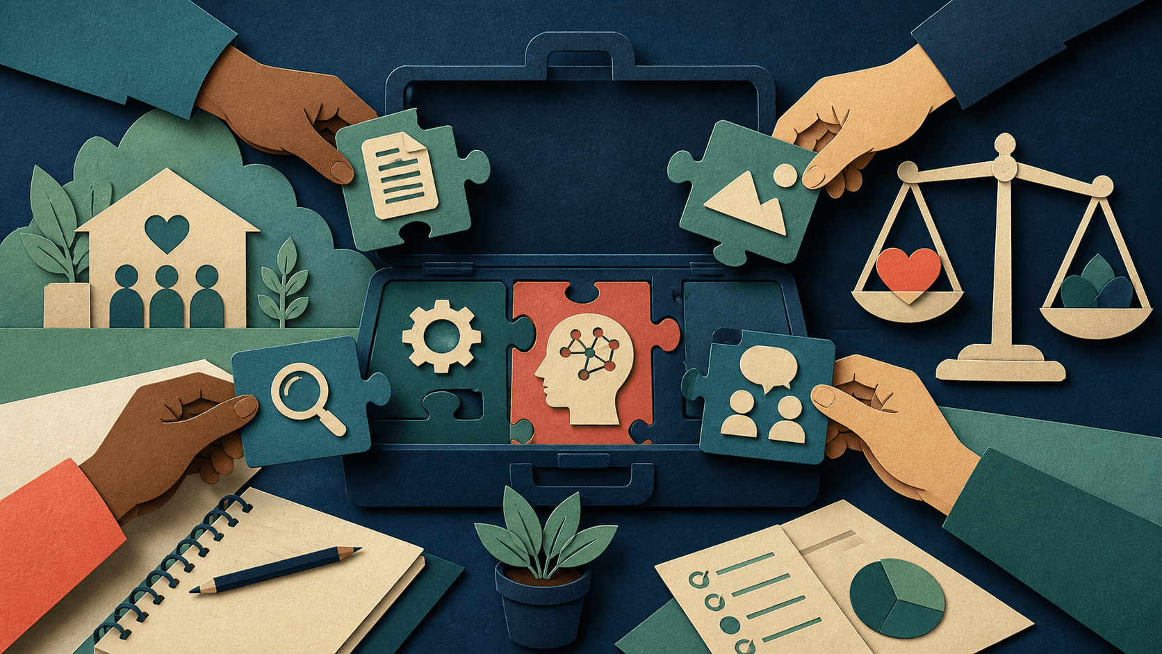 Free AI tools for nonprofits with zero budget Editorial illustration of a nonprofit team assembling a zero-budget AI toolkit for research, writing, design, communication, and operations while balancing tradeoffs