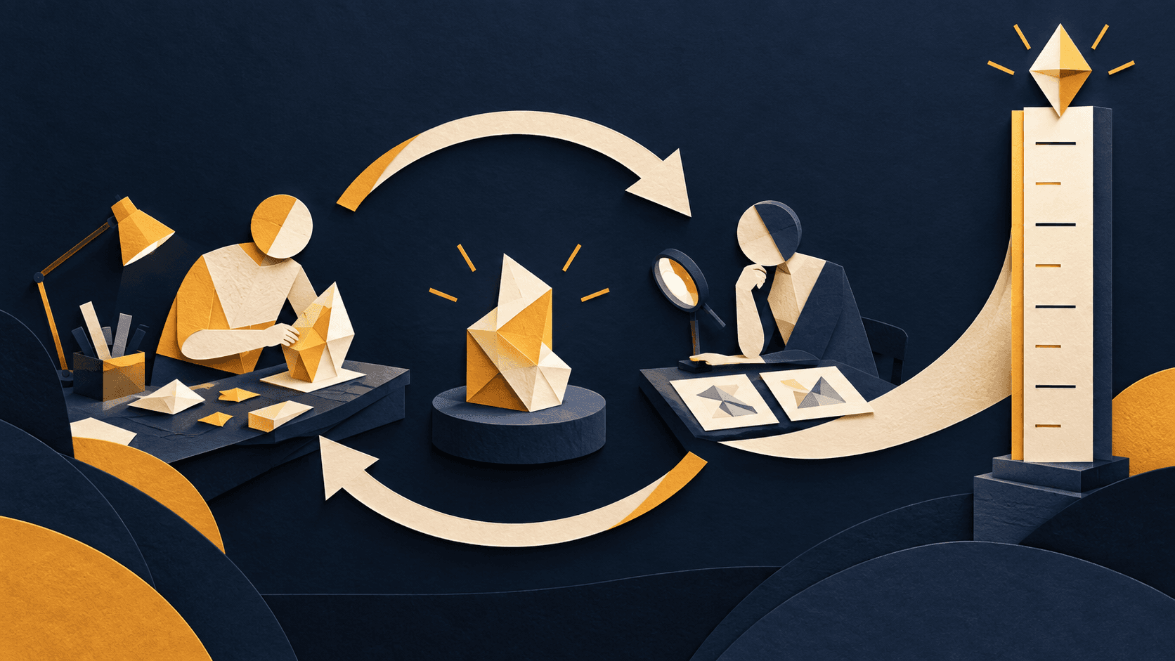A builder and independent critic refine an artifact against a measurable bar Paper-cut builder and independent critic circling a geometric artifact while comparing it with a tall measurable quality benchmark
